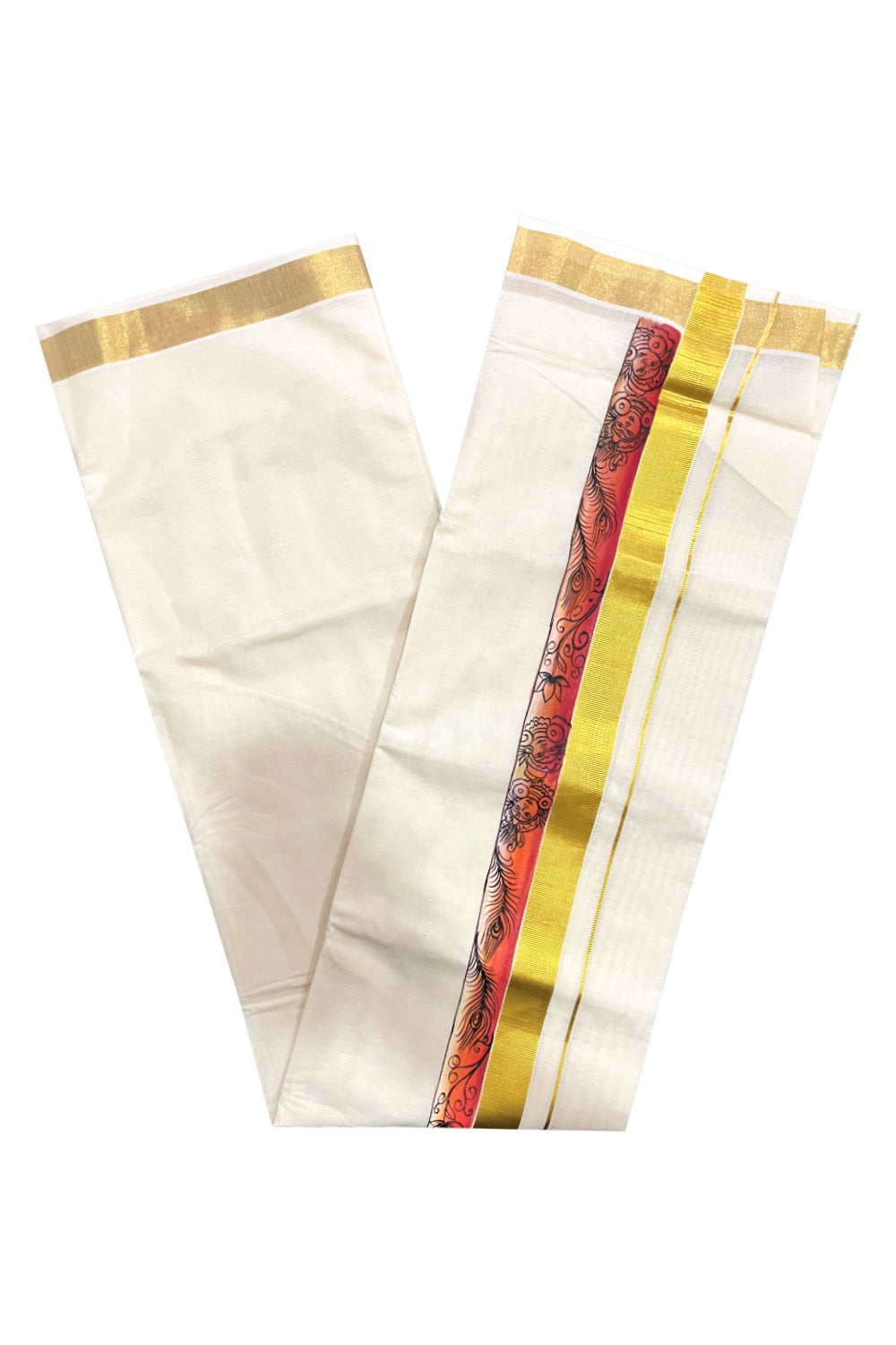 Kerala Pure Cotton Double Mundu with Mural Painted Design on Kasavu Border (South Indian Kerala Dhoti)