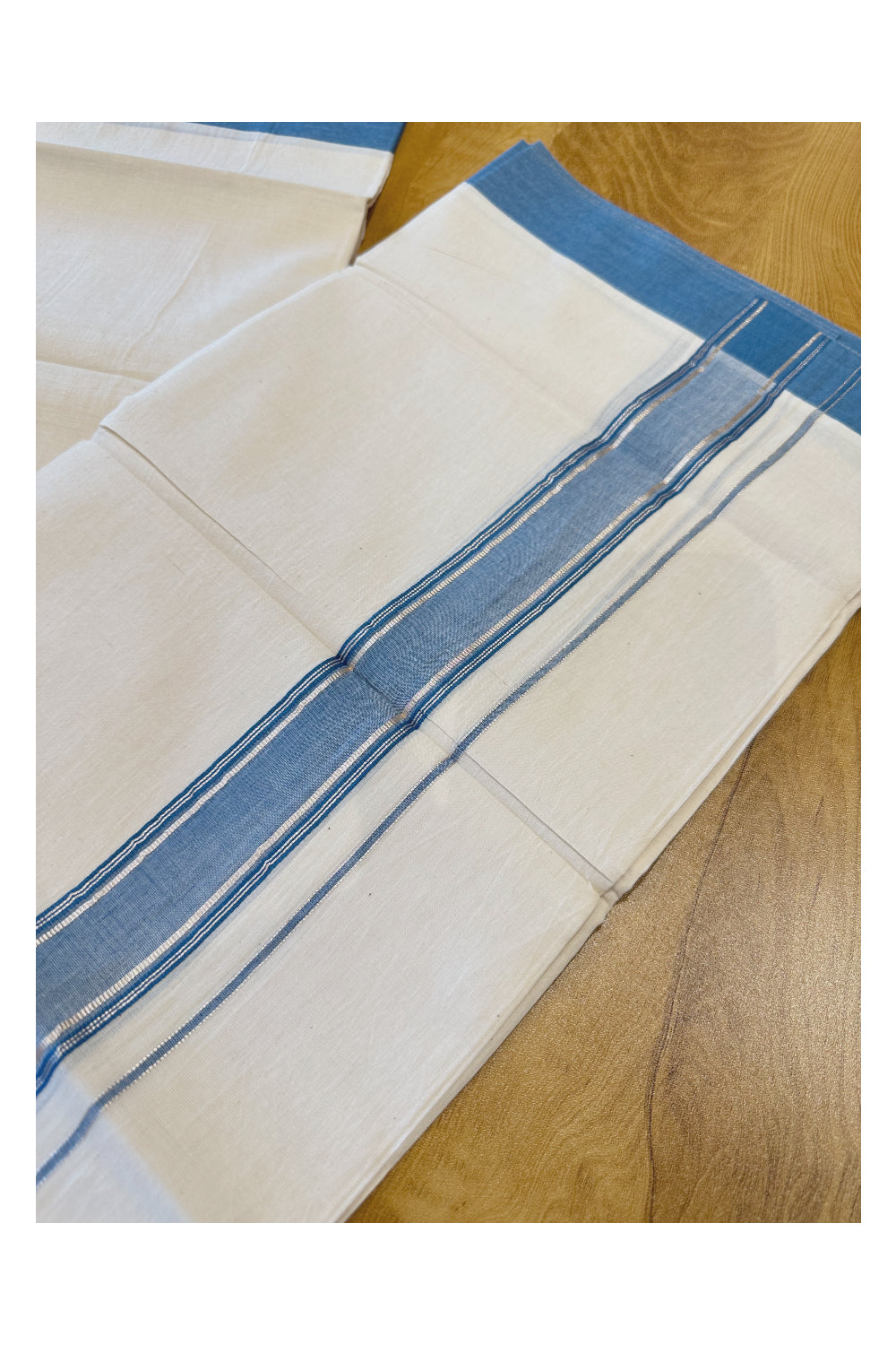 Kerala Pure Cotton Double Mundu with Blue and Silver Kasavu Border (Onam Mundu 2023)