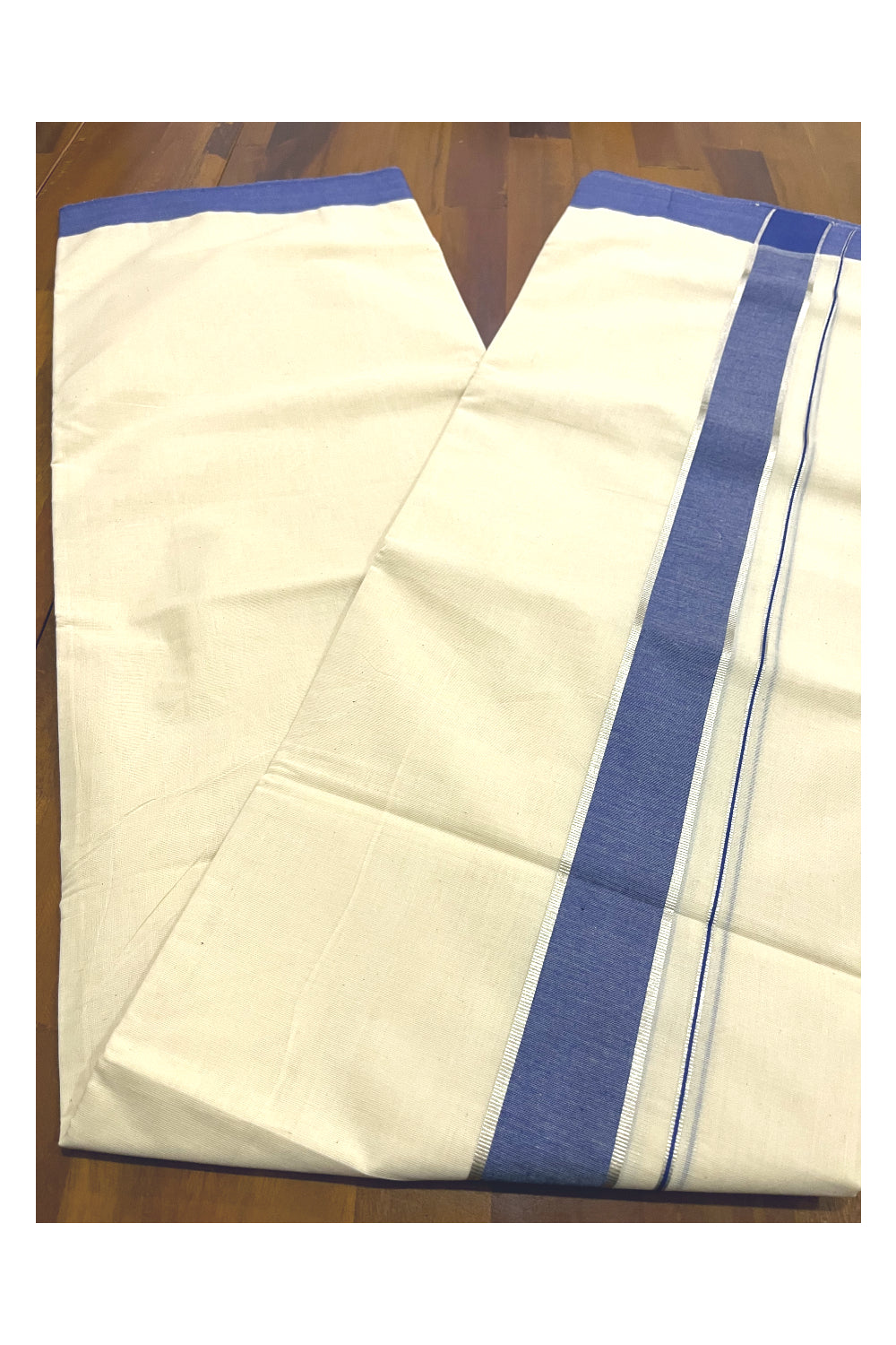 Pure Cotton Off White 100x100 Double Mundu with Silver Kasavu and Blue Border (South Indian Kerala Dhoti)