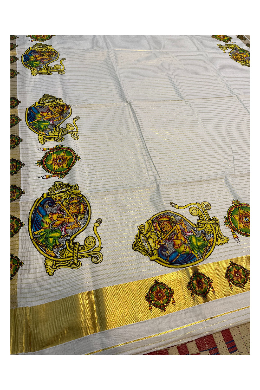 Pure Cotton Kerala Kasavu Lines Design and Krishna Mural Work Saree and Printed Border