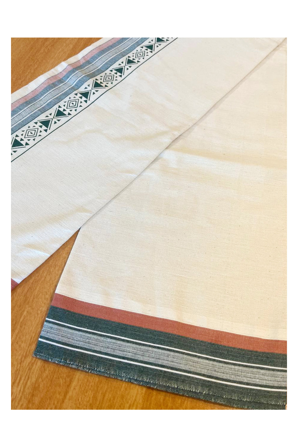 Southloom Off White And Green Brown Printed Single Mundu / Otta Mundu / Lungi (South Indian Kerala Dhoti)