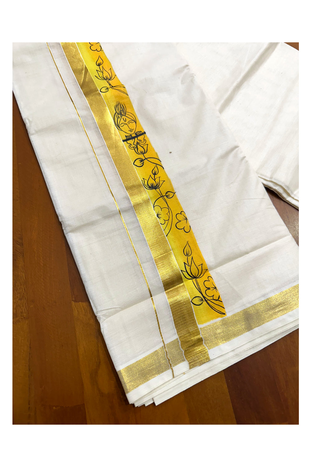 Kerala Pure Cotton Double Mundu with Hand Painted Designs on Kasavu Border(South Indian Kerala Dhoti)