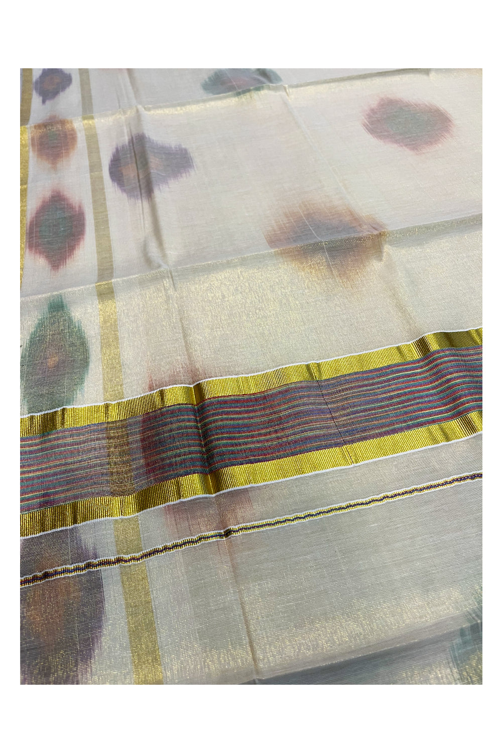 Southloom Kerala Tissue Kasavu Saree with Multi Colour Pochampally Design on Borders and Kara