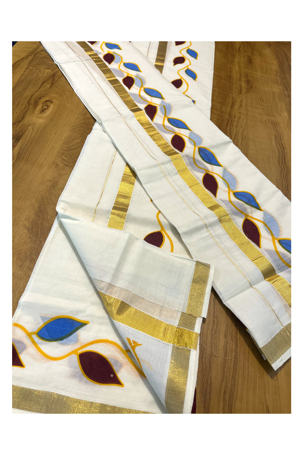 Pure Cotton Set Mundu (Mundum Neriyathum) with Brown and Blue Leaf Prints on Kasavu Border(2.80M)