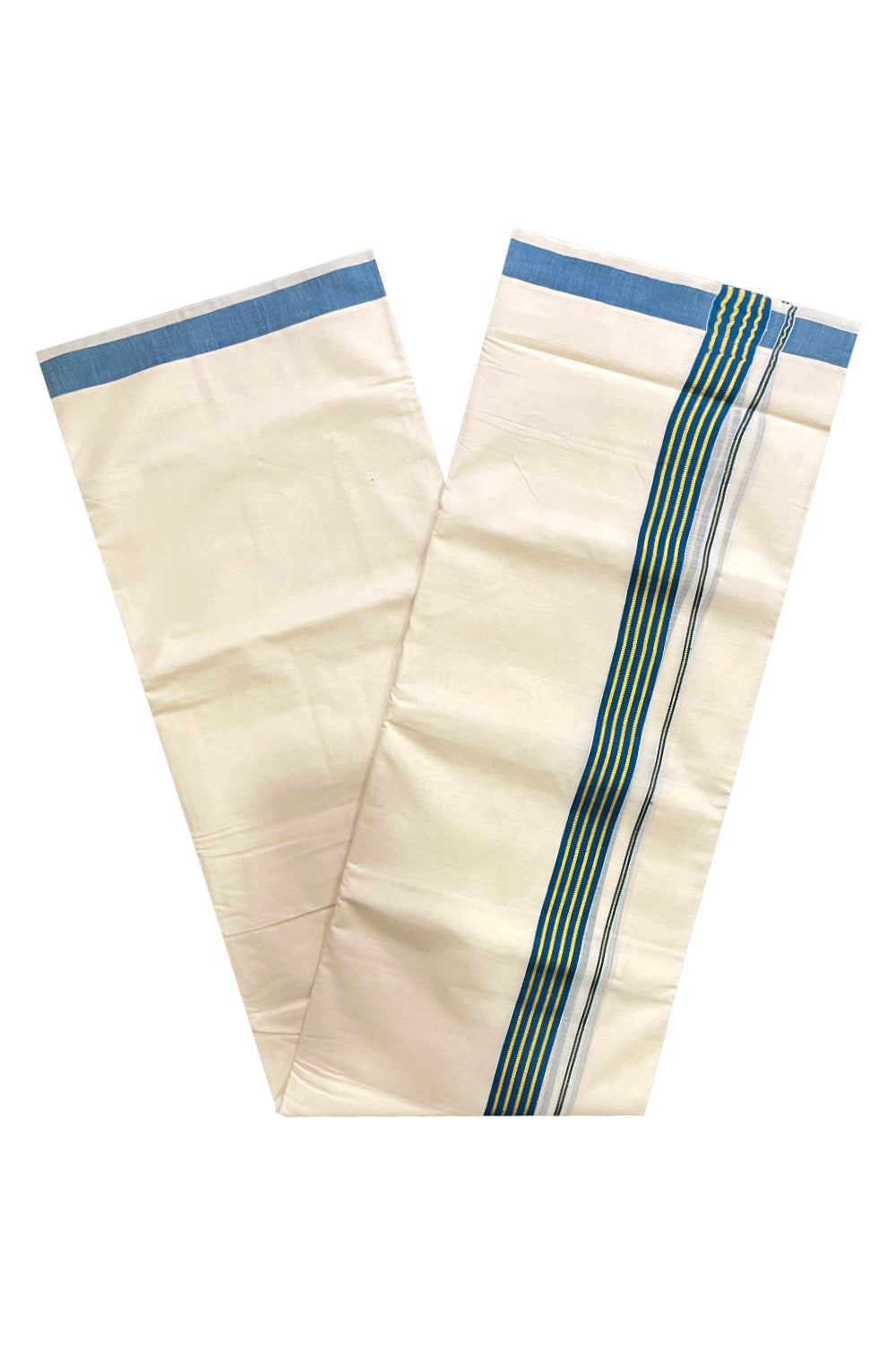 Off White Kerala Cotton Double Mundu with Kasavu and Green Border (South Indian Kerala Dhoti)