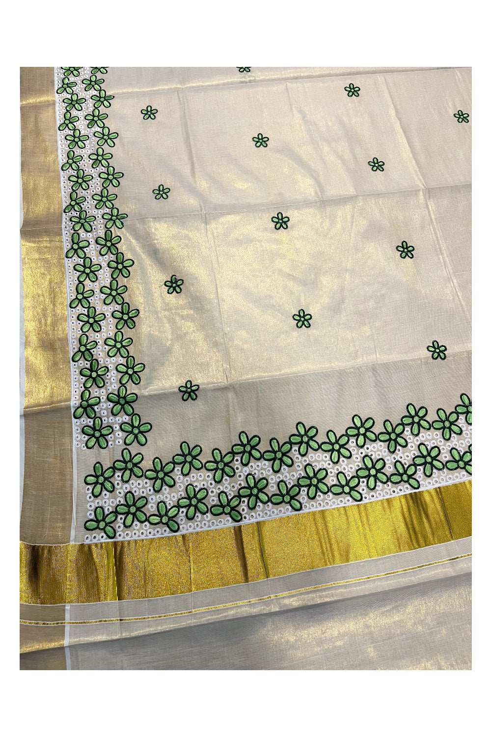 Kerala Tissue Kasavu Saree with Green Floral Embroidery Works