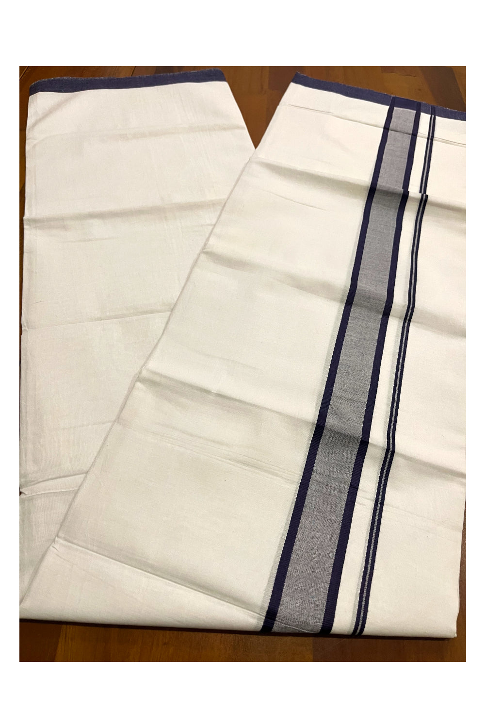 Pure White Cotton Single Mundu (Otta Mundu) with Navy Blue Border (South Indian Kerala Dhoti)