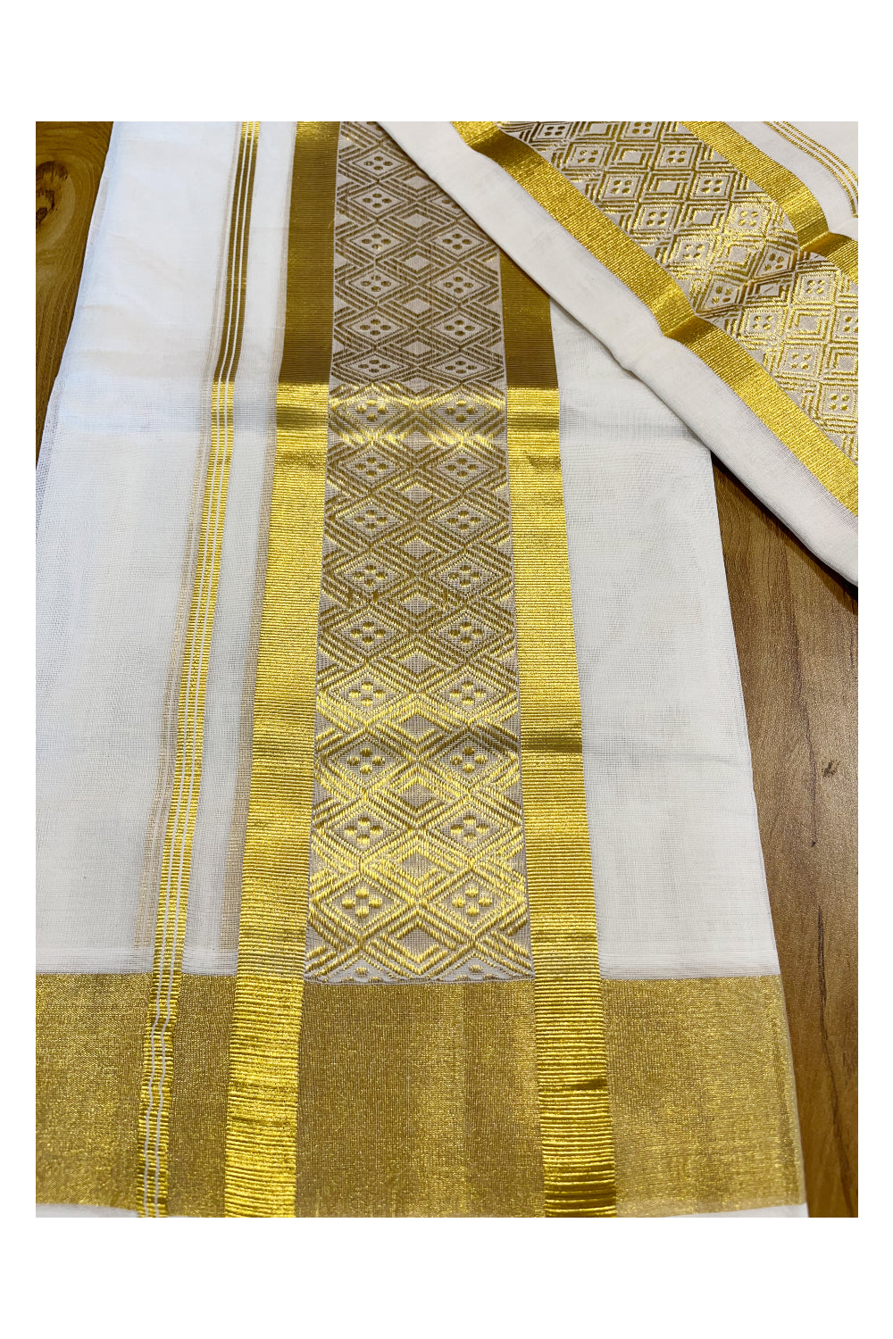 Southloom Handloom Premium Cotton Kasavu Set Mundu With Woven Patterns On Border (Mundum Neriyathum) 2.80 Mtrs