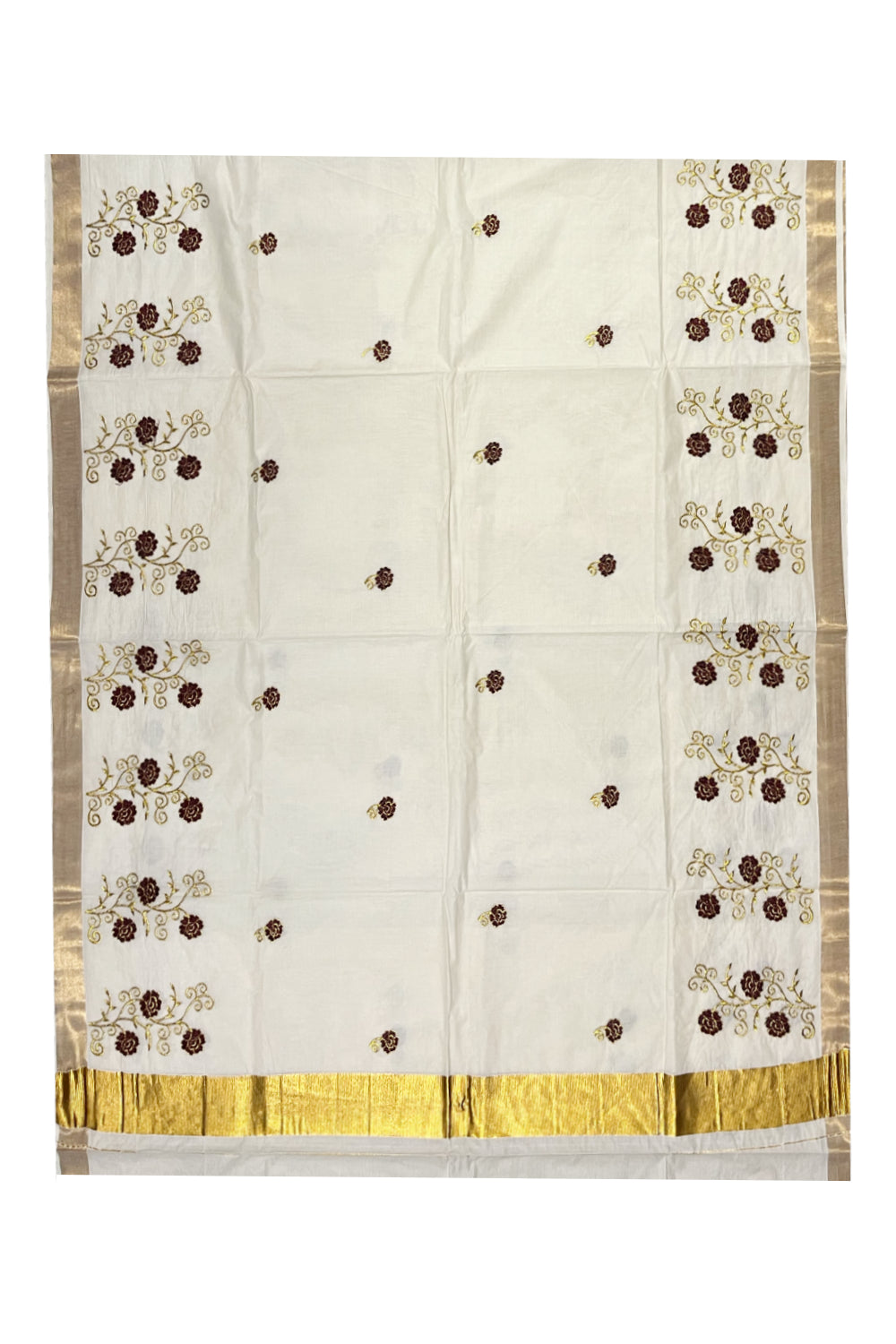 Southloom Kerala Kasavu Saree with Dark Brown and Gold Floral Embroidery