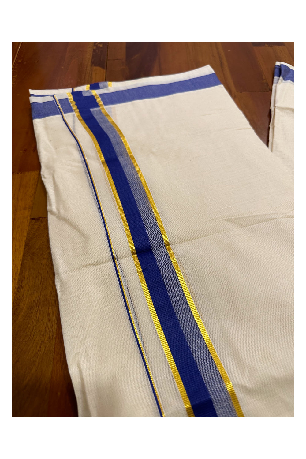 Kerala Cotton Double Mundu with Blue and Kasavu Border (Onam Mundu 2023)