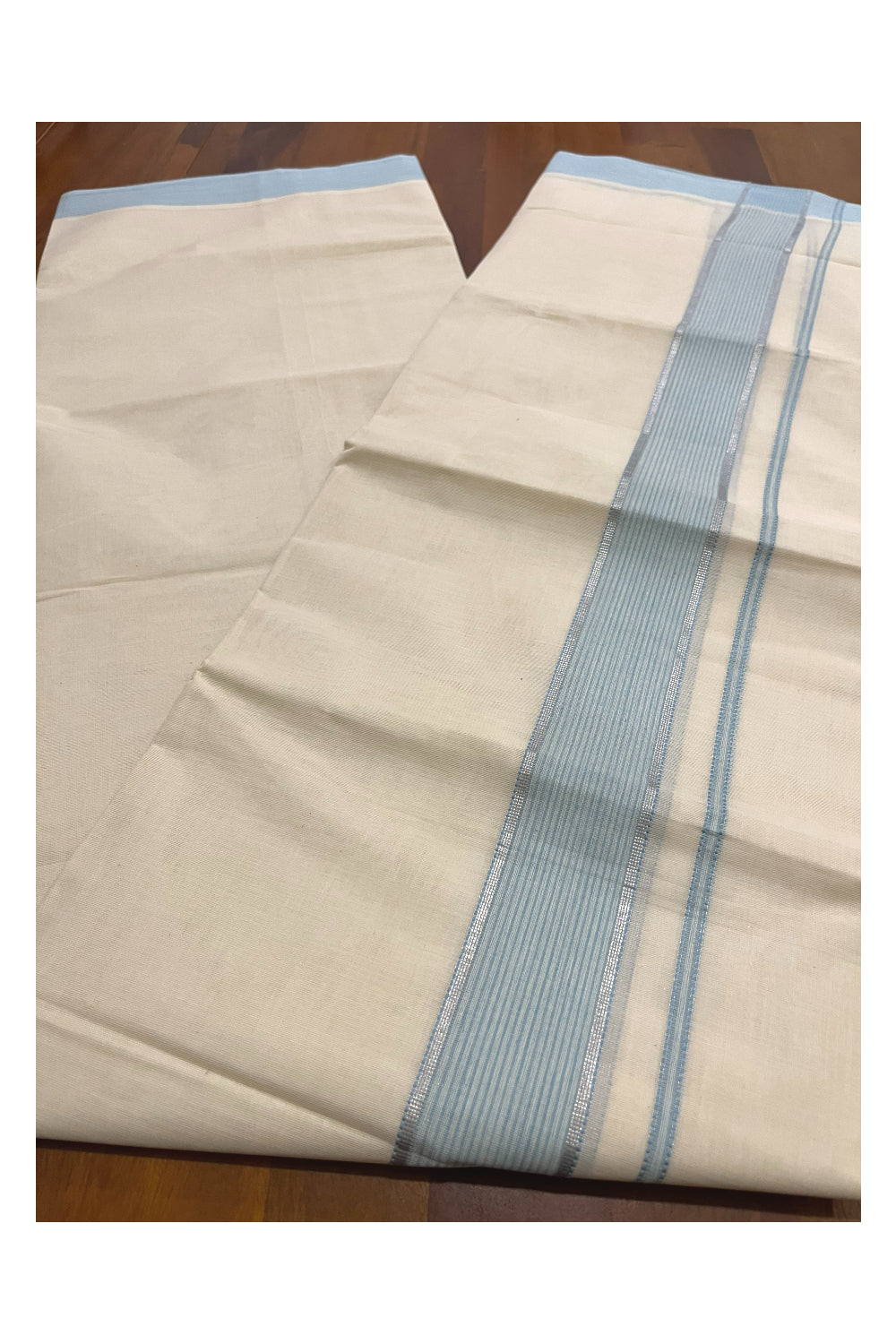 Pure Cotton 100x100 Double Mundu with Light Blue and Silver Kasavu Kara (Onam Mundu 2023)