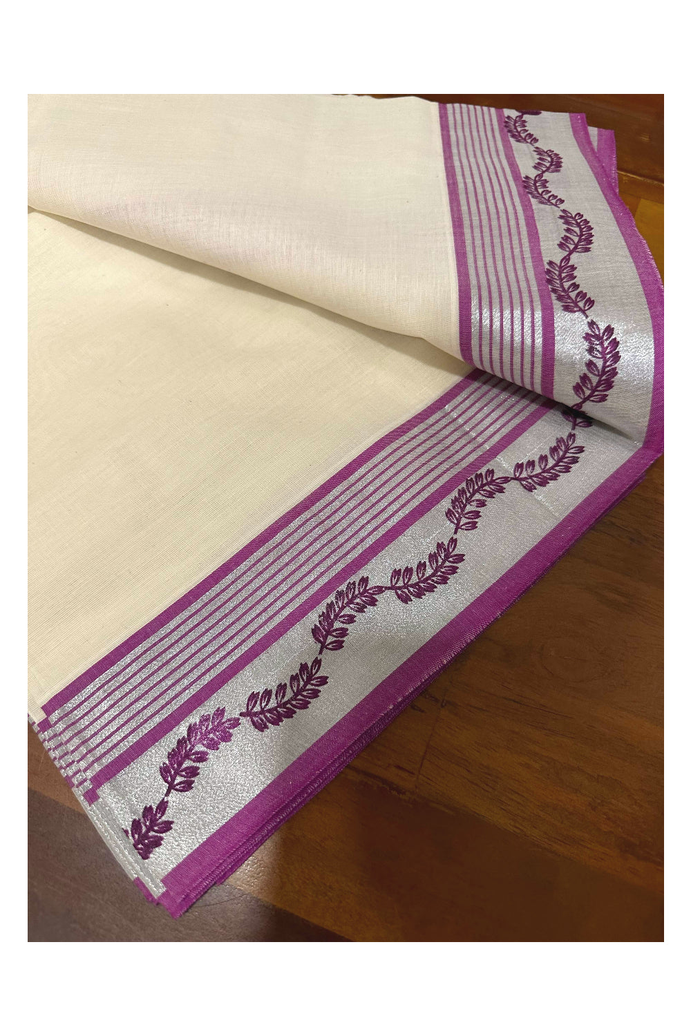 Kerala Cotton Single Set Mundu (Mundum Neriyathum) with Magenta Block Prints and Silver Kasavu Border 2.80 Mtrs (Onam set Mundu 2023)