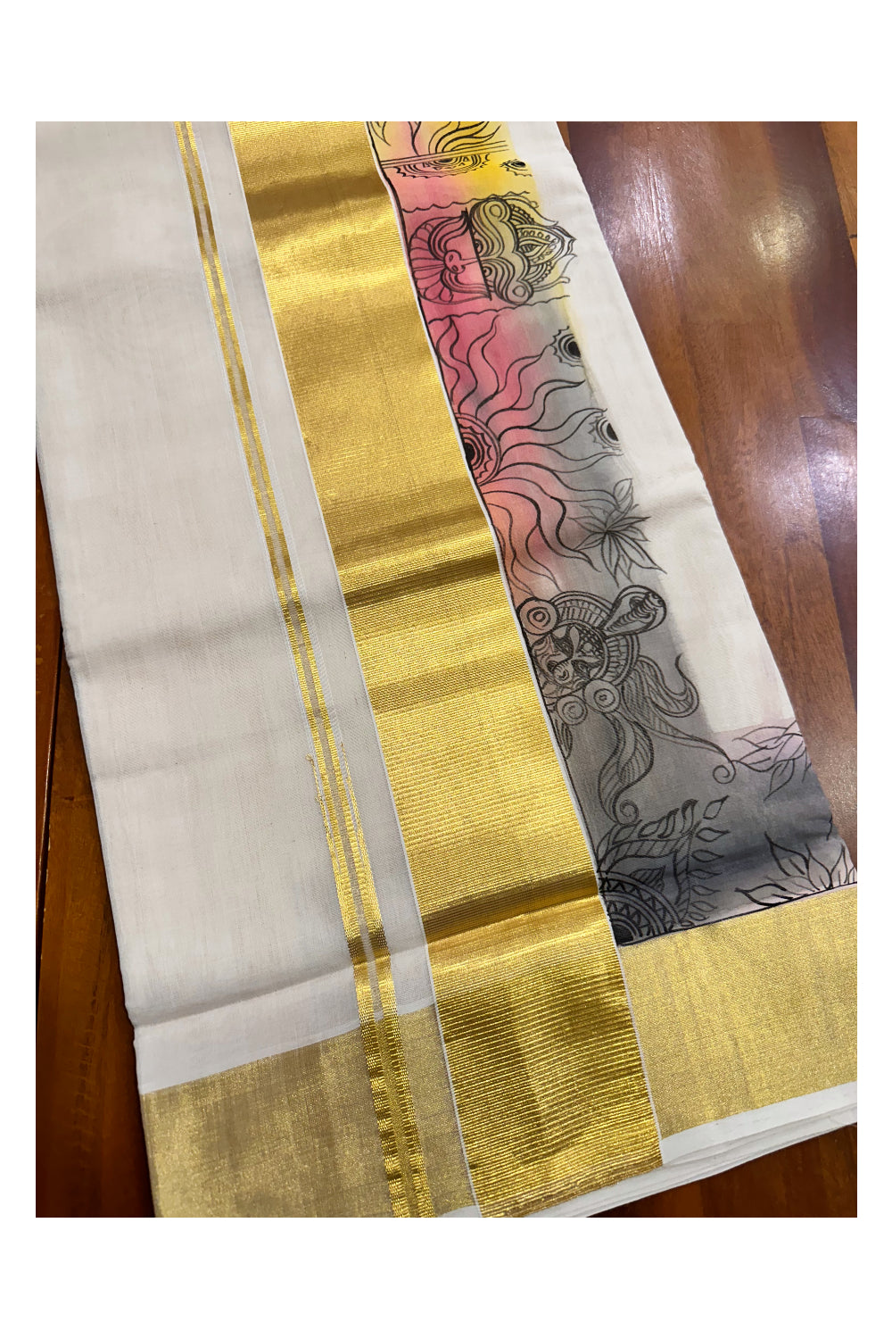 Southloom™ Premium Handloom Kerala Kasavu Saree With Hand Painted Mural Theyyam Design (Vishu 2024 Collection)