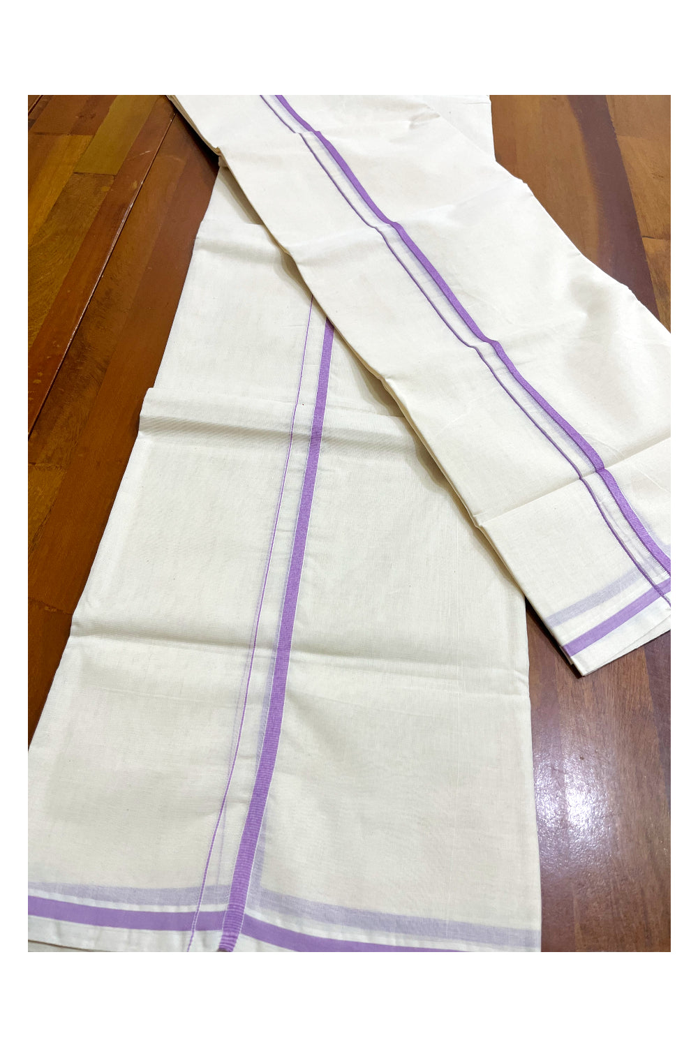 Kerala Cotton Single Puliyilakkara Set Mundu (Mundum Neriyathum) with 0.5 inch Violet Border 2.80Mtrs