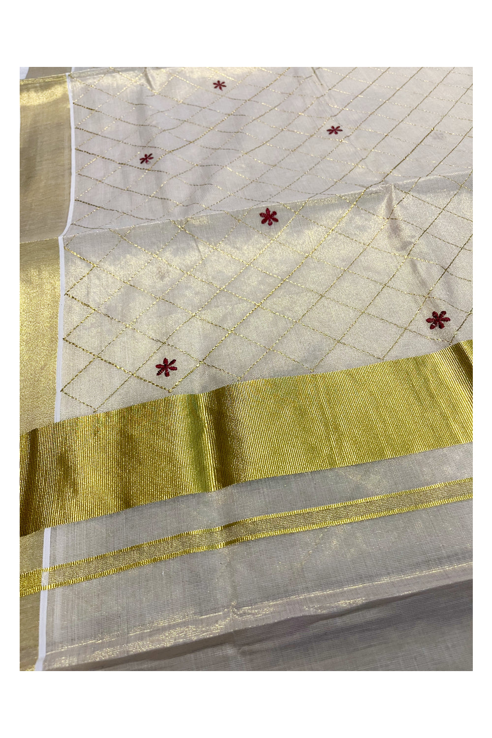 Kerala Tissue Kasavu Check Saree with Maroon Flower Embroidery Works