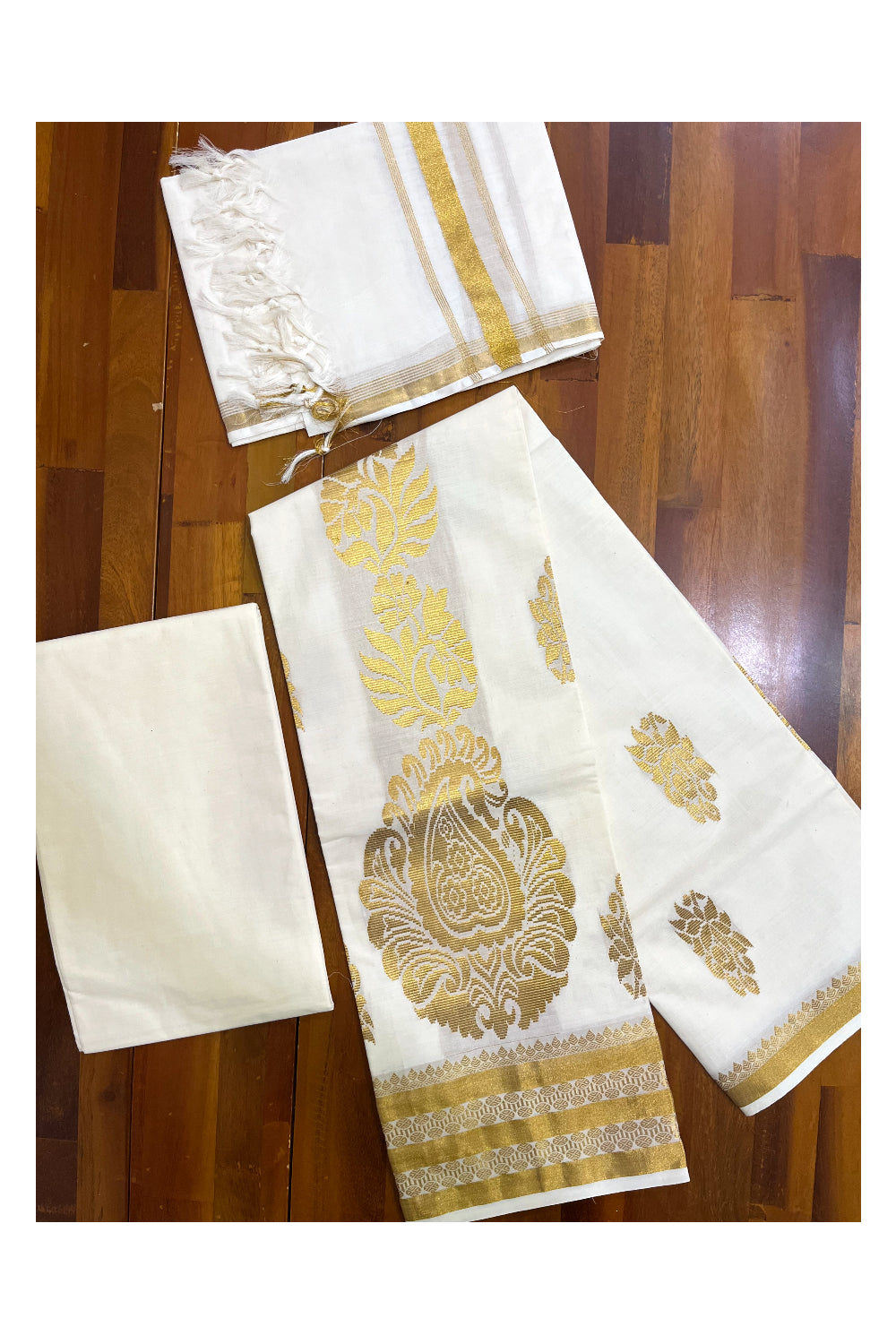 Pure Cotton Kerala Churidar Salwar Material with Kasavu Woven Designs (include Shawl / Dupatta)