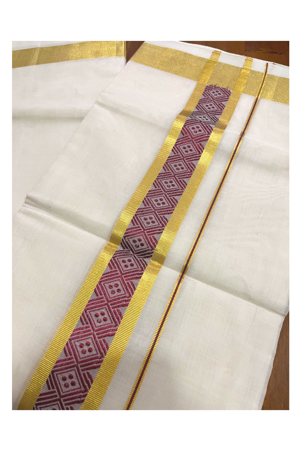 Southloom Premium Handloom Pure Cotton Mundu with Golden and Maroon Kasavu Woven Border (Onam Mundu 2023)