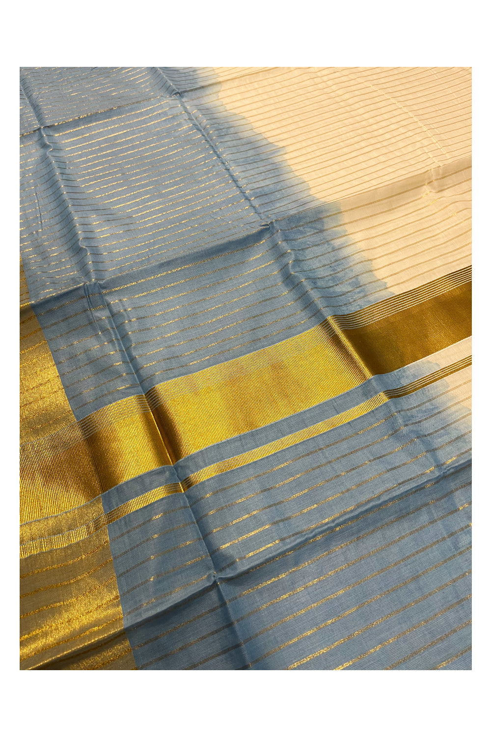 Southloom Cotton Tie & Dye - Half & Half Blue Design Saree with Kasavu Lines Across Body