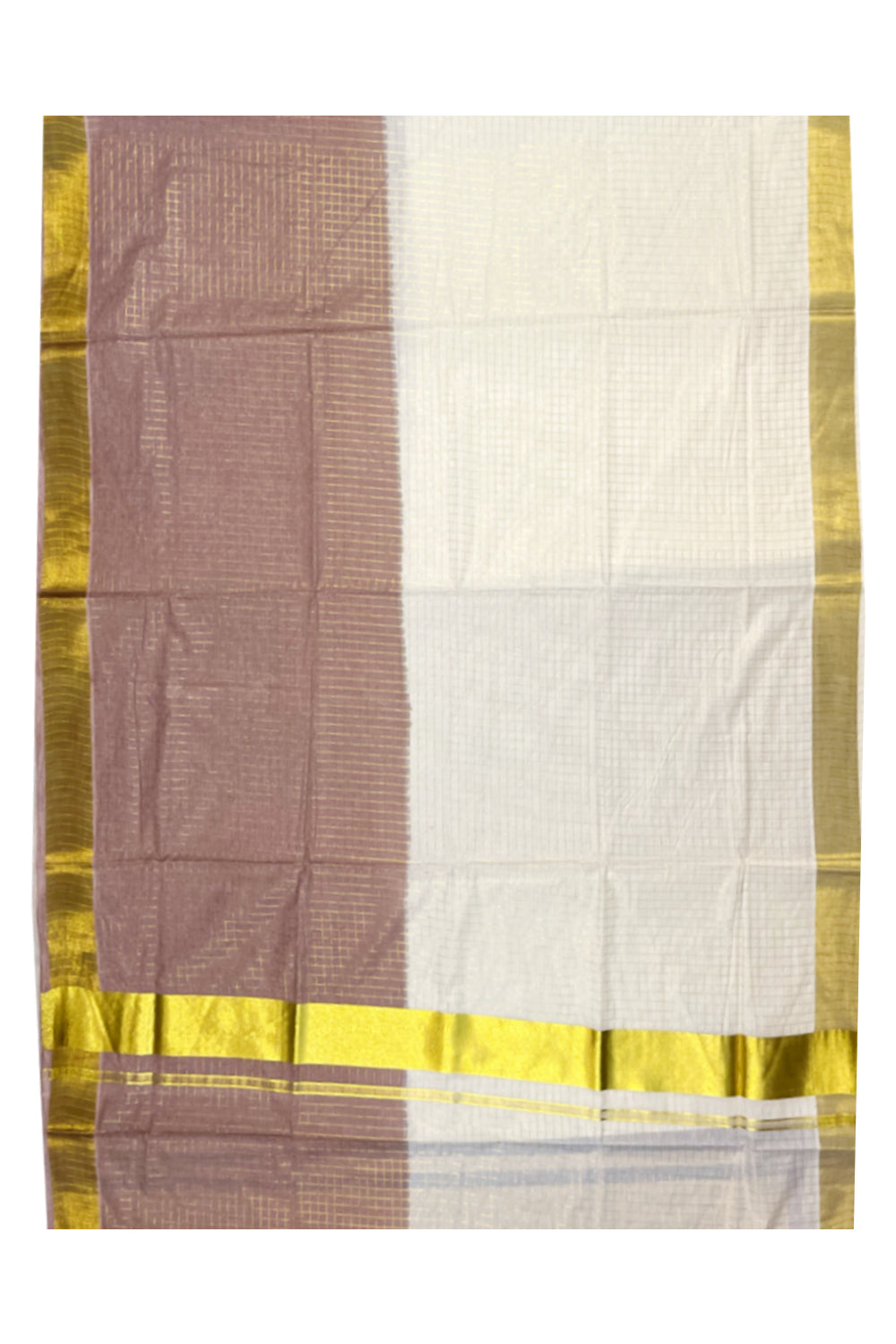 Southloom Cotton Tie & Dye - Half & Half Brown Design Saree with Kasavu Checks Across Body