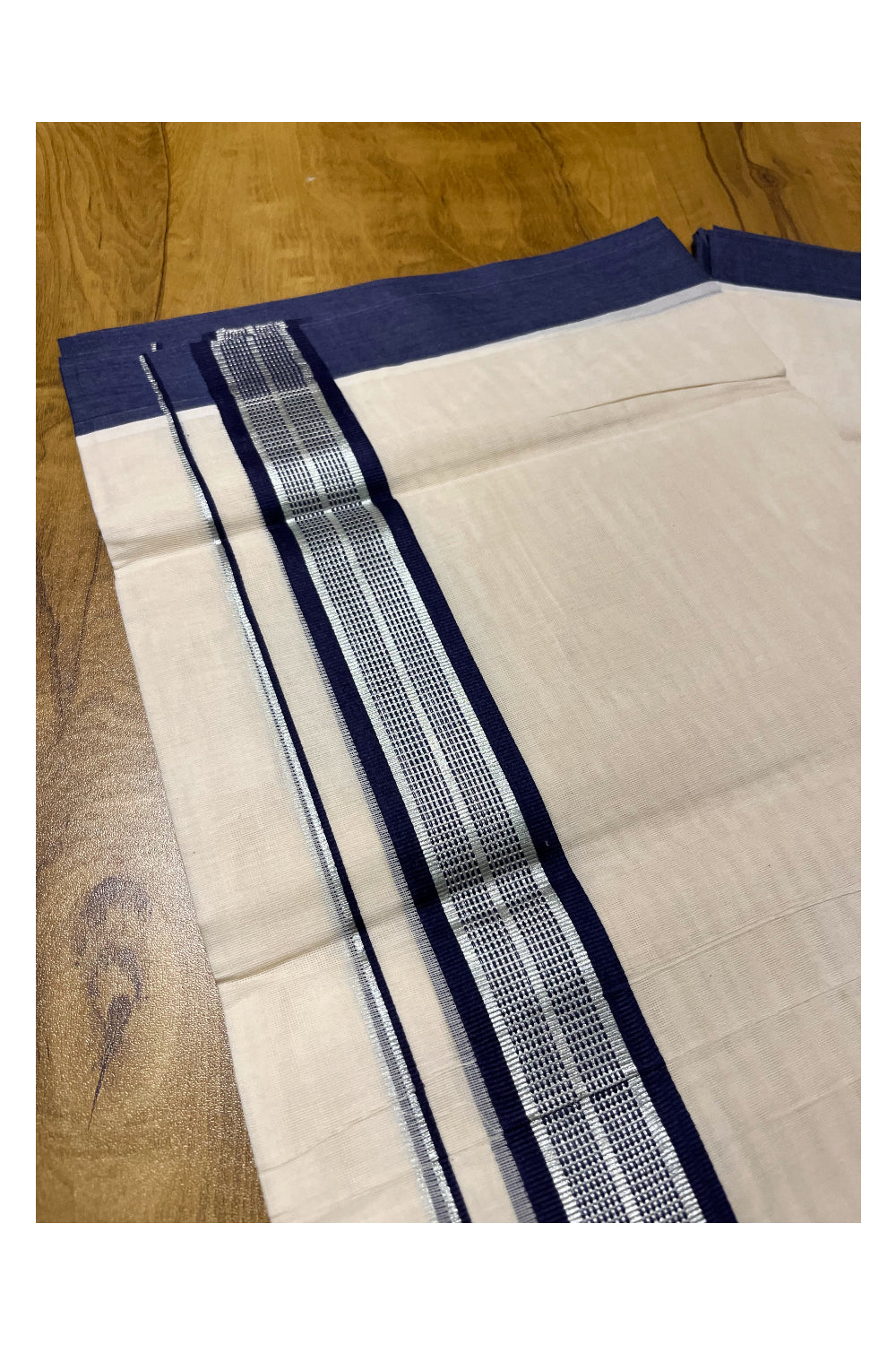 Pure Cotton Off White Double Mundu with Silver Kasavu and Blue Border (South Indian Kerala Dhoti)