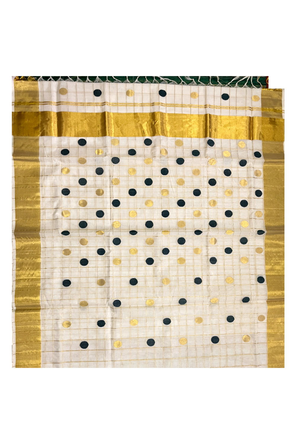 Southloom Premium Handloom Cotton Check Design Saree with Golden and Green Polka Work Across Body