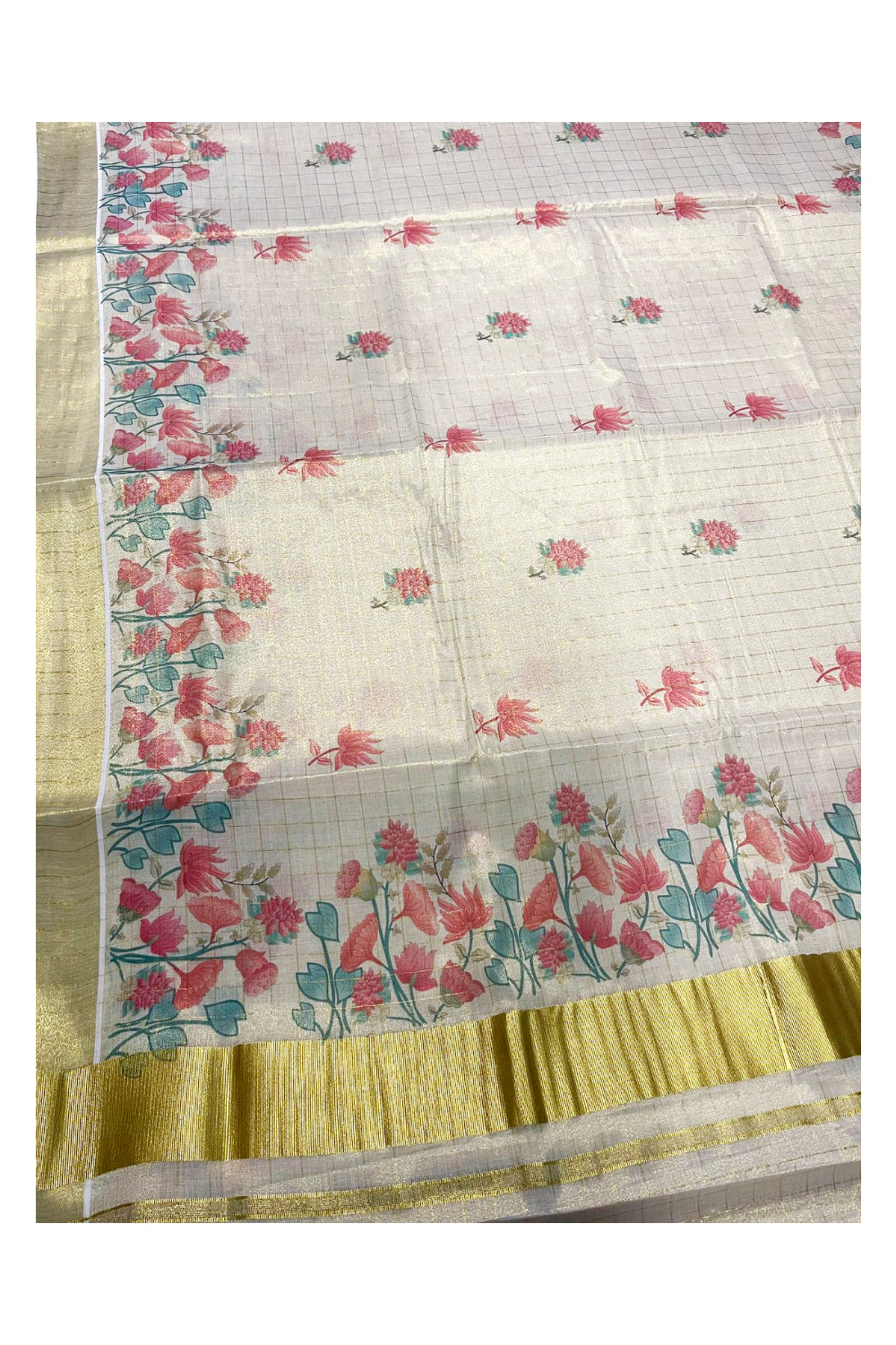 Kerala Tissue Kasavu Check Saree with  Floral Designs On Body