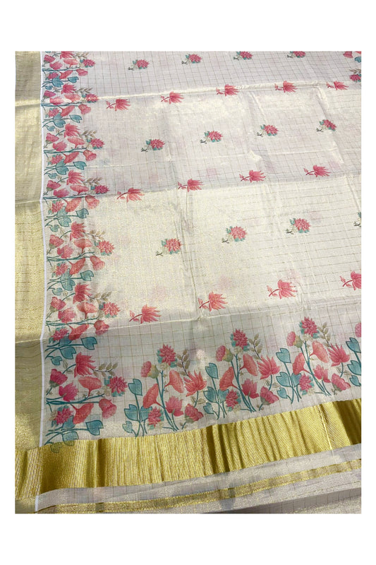 Kerala Tissue Kasavu Check Saree with  Floral Designs On Body