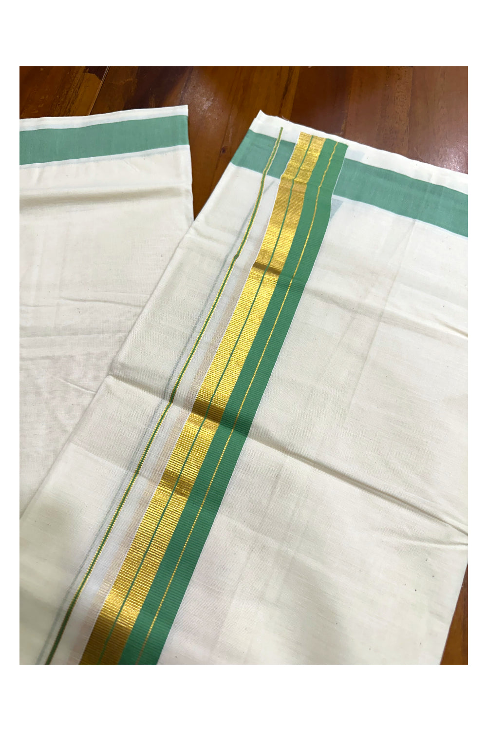 Kerala Pure Cotton Double Mundu with Green And Kasavu Border (South Indian Dhoti)