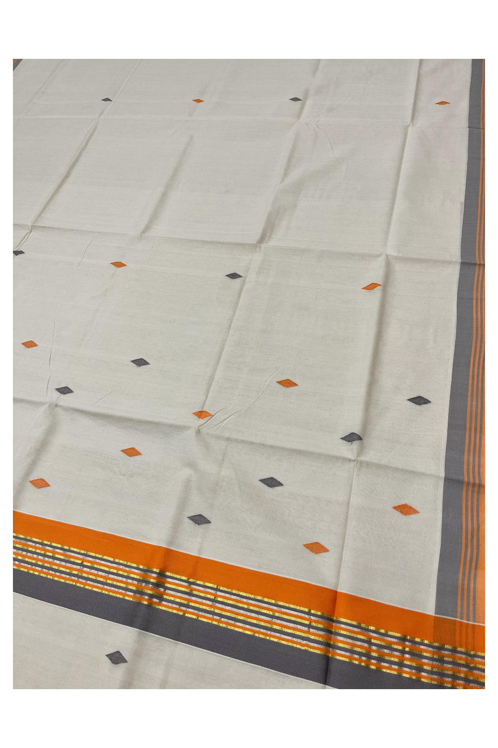 Southloom Premium Balaramapuram Unakkupaavu Handloom Cotton Butta Saree with Orange Grey and Kasavu Border (Vishu 2024 Collection)