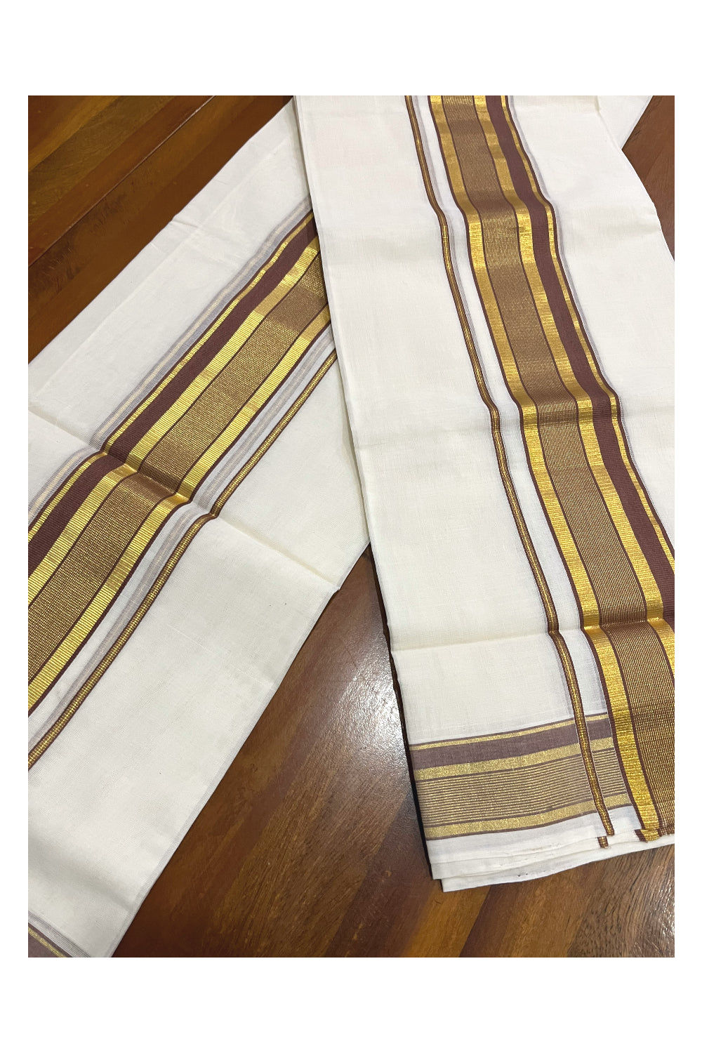 Pure Cotton Handloom Premium Kasavu Set Mundu (Mundum Neriyathum) with Brown and Kasavu Border 2.80 Mtrs (Onam Set Mundu 2023)