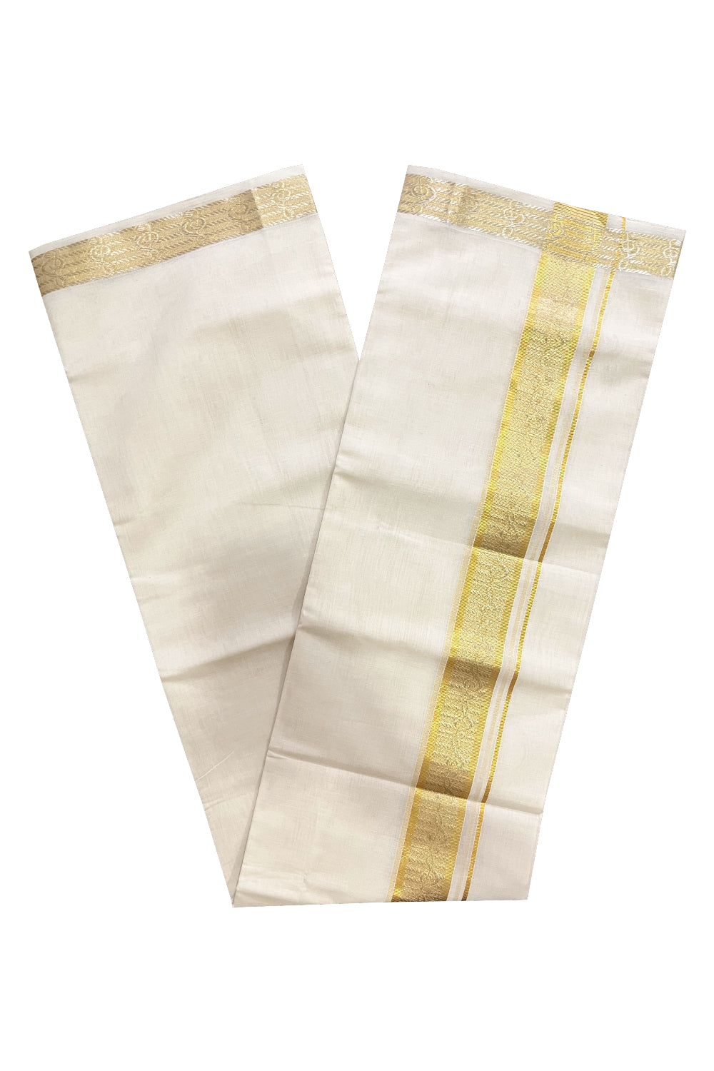 Southloom Super Premium Balaramapuram Unakkupaavu Handloom Double Wedding Mundu with Silver and Golden Kasavu Woven Border