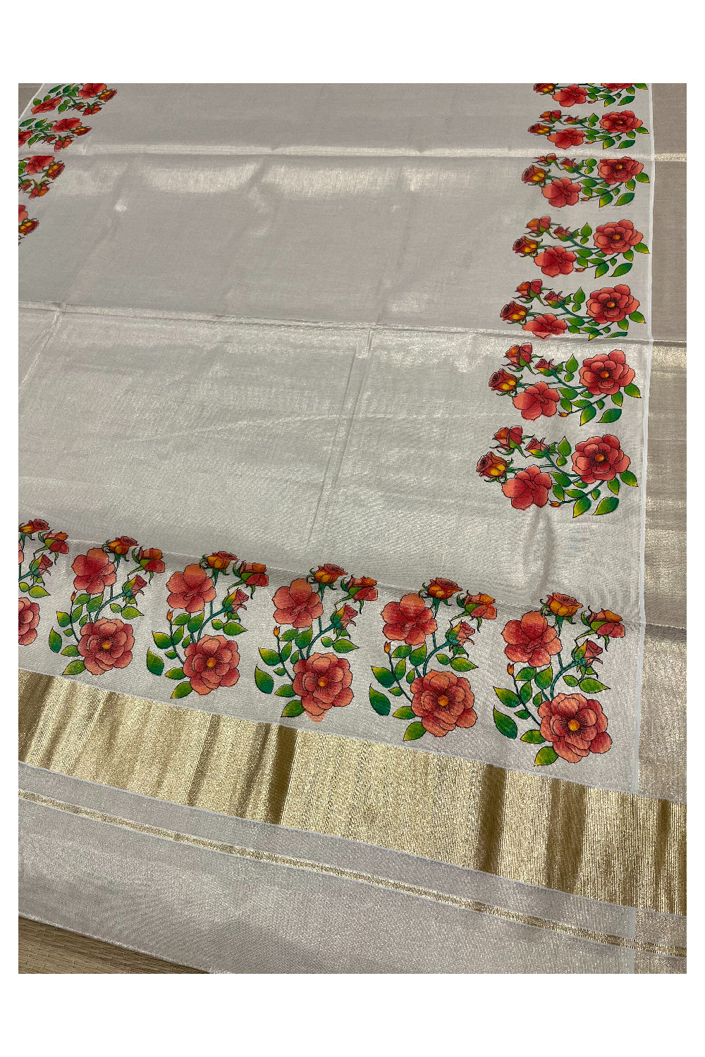 Kerala Tissue Kasavu Saree with Floral Block Printed Designs