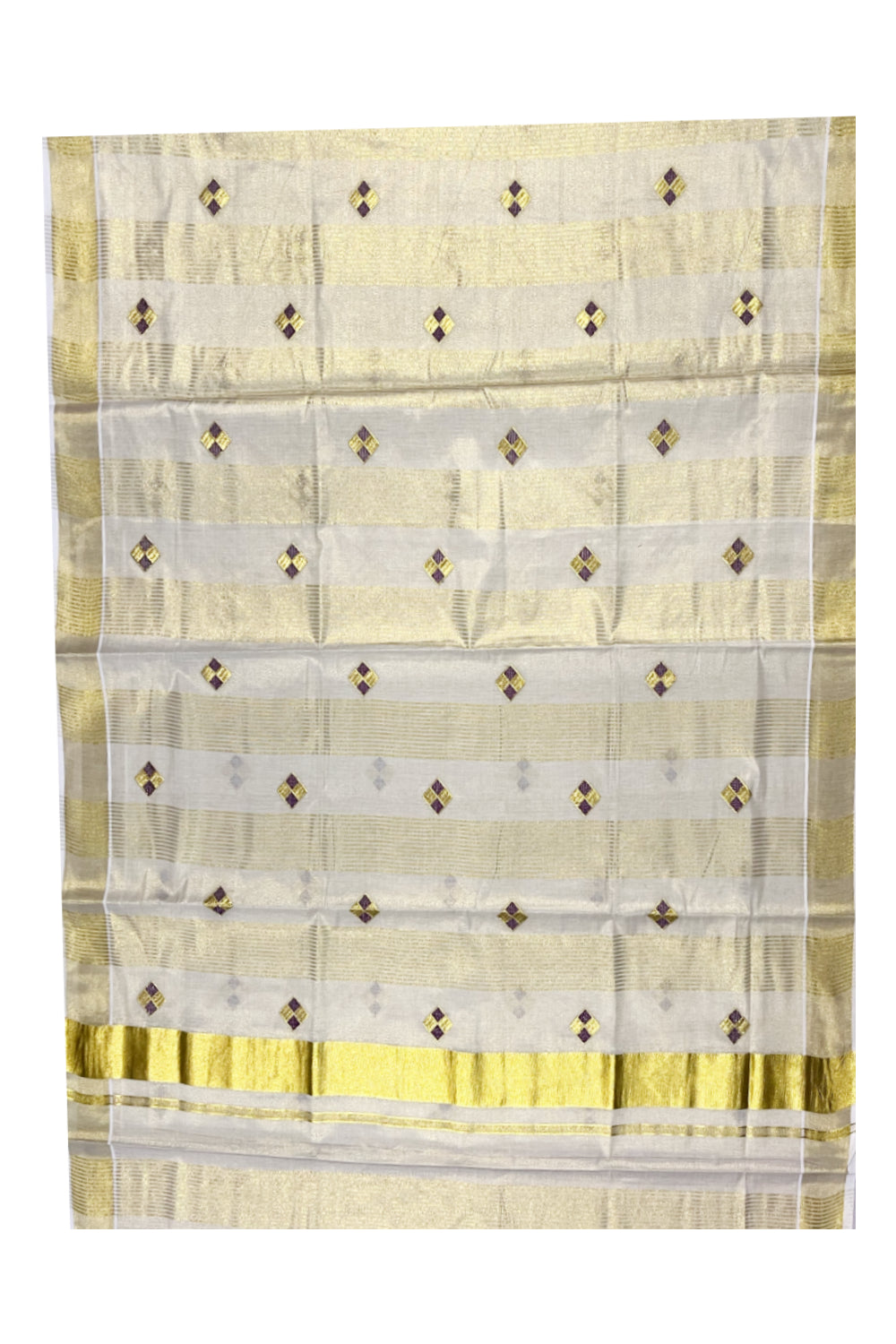 Kerala Tissue Kasavu Stripes Saree with Violet and Golden Diagonal Floral Embroidery Design on Body