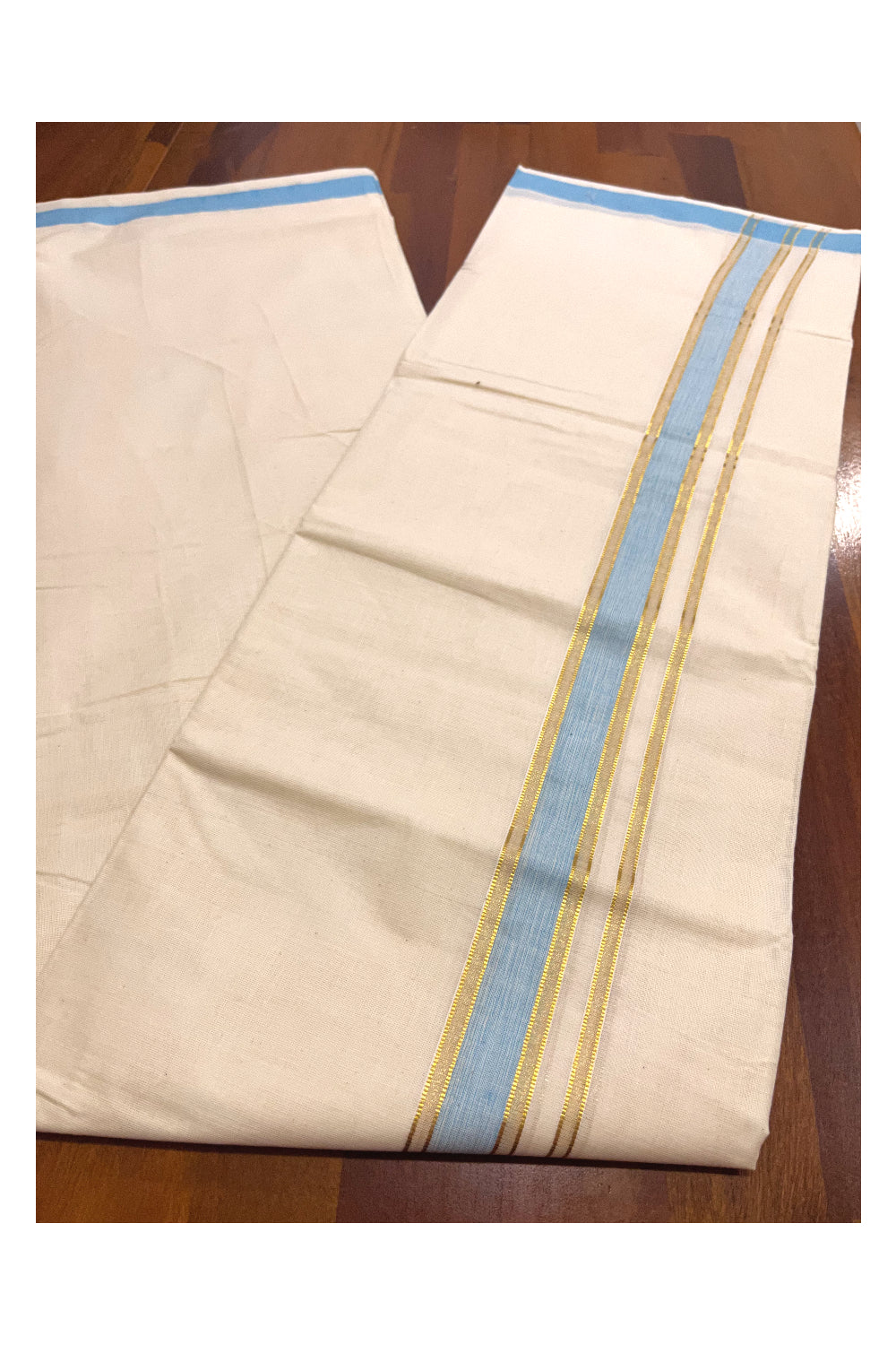 Kerala Cotton Double Mundu with Blue and Kasavu Border (Onam Mundu 2023)