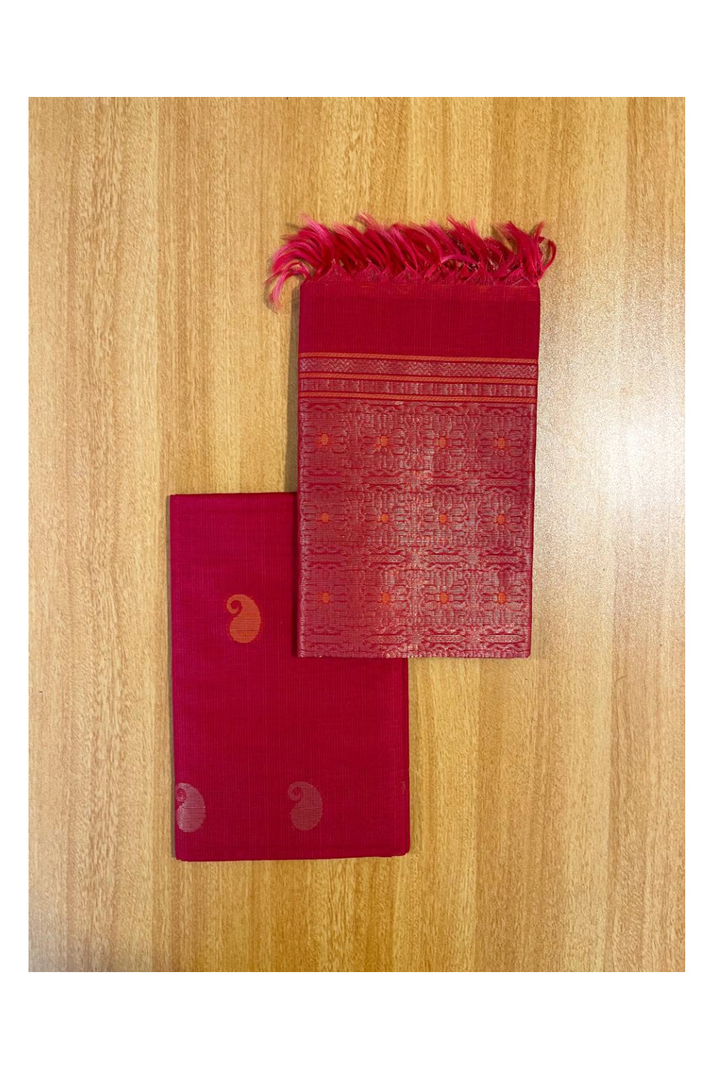 Southloom™ Original Handloom Cotton Pure Silk 3 Piece Red and Yellow Salwar Material with Woven Zari Butta Work