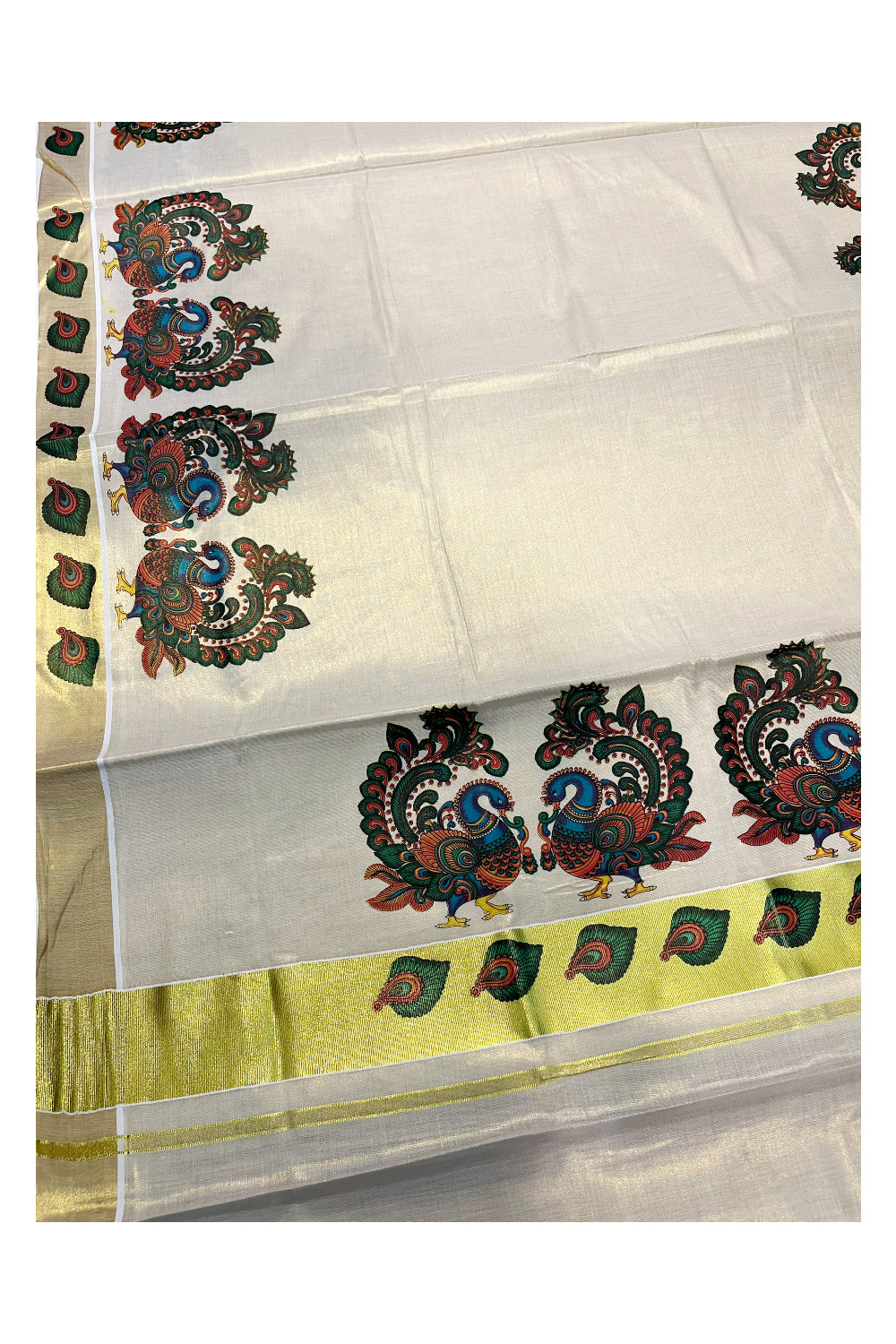 Southloom Kerala Tissue Kasavu Saree With Peacock Mural Printed