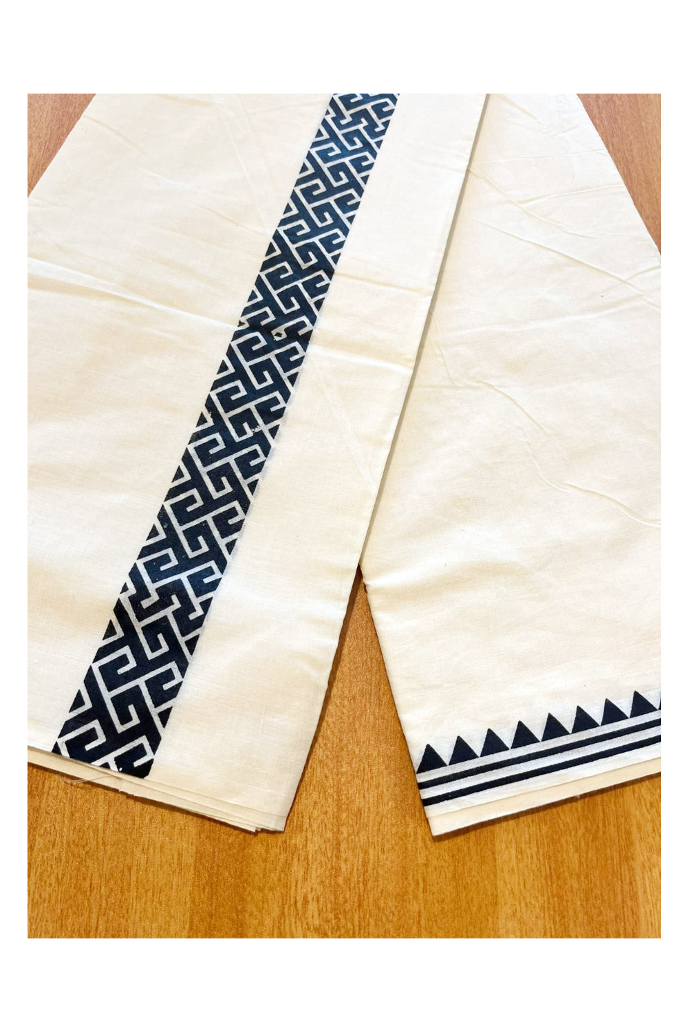 Pure Cotton Off White Double Mundu with Black Block Prints On Border (South Indian Kerala Dhoti)