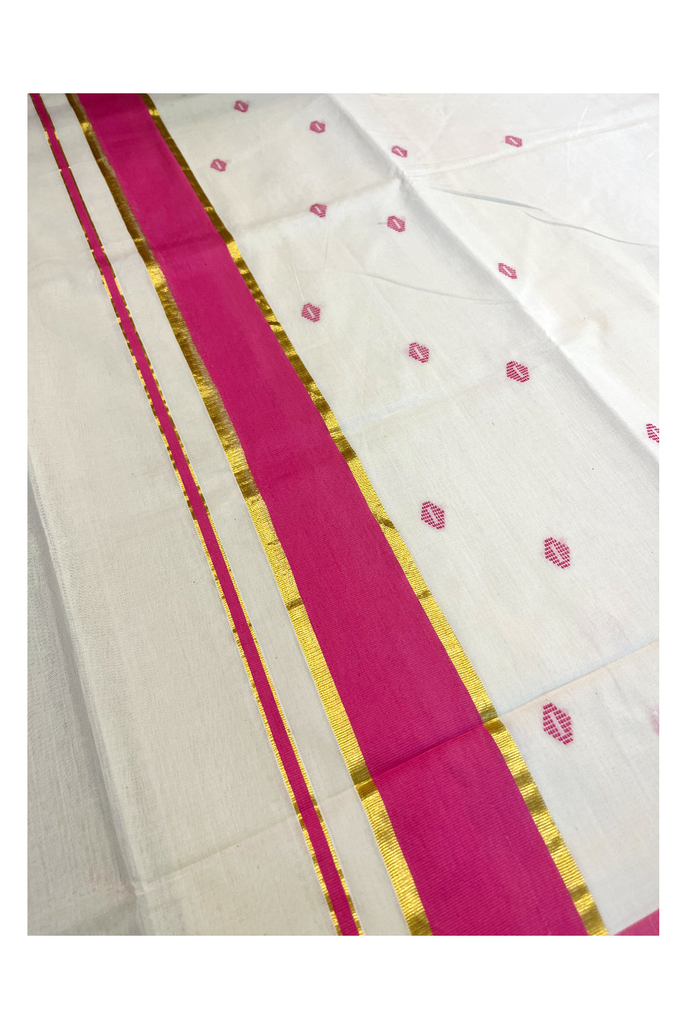 Southloom Premium Balaramapuram Unakkupaavu Handloom Cotton Butta Saree with Pink and Kasavu Border