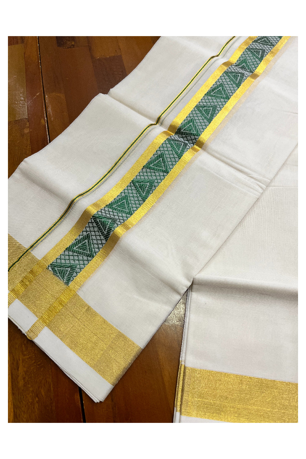 Southloom Premium Handloom Pure Cotton Mundu with Golden and Green Kasavu Woven Border (Vishu 2024 Collection)