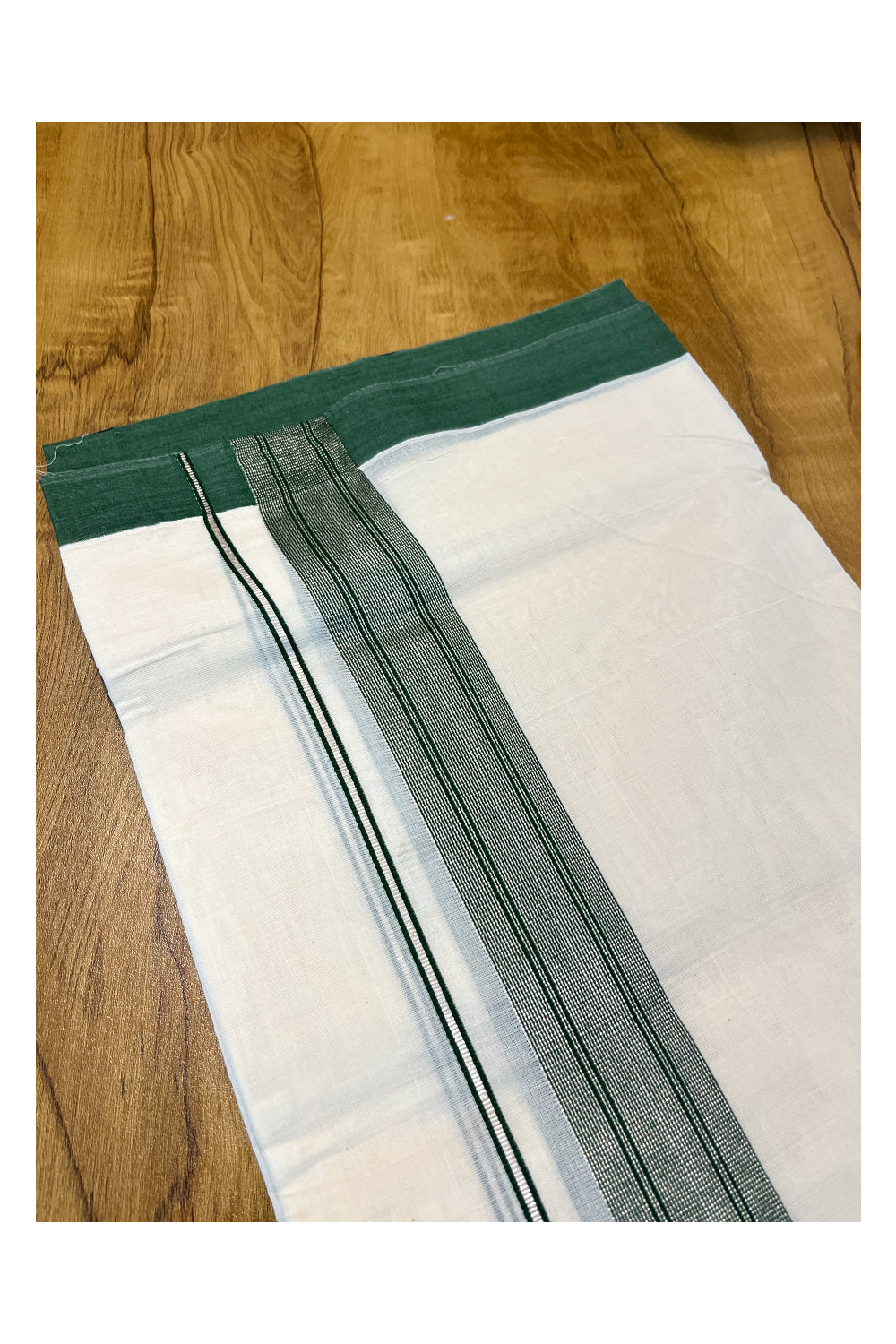 Pure Cotton Off White Double Mundu with Silver Kasavu and Green Kara (South Indian Kerala Dhoti)