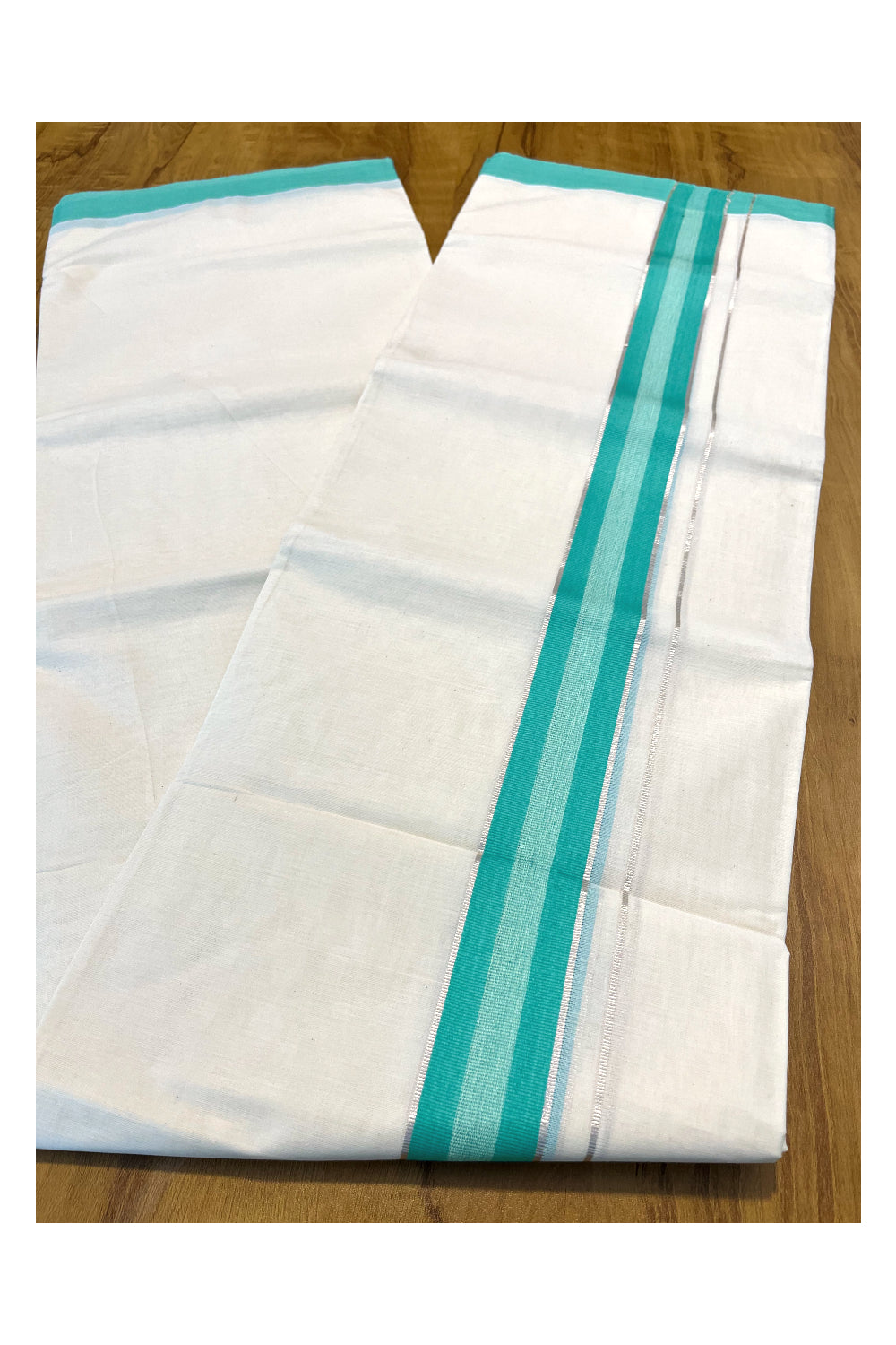 Pure Cotton Off White Kerala Double Mundu with Turquoise and Silver Kasavu Border (South Indian Dhoti)