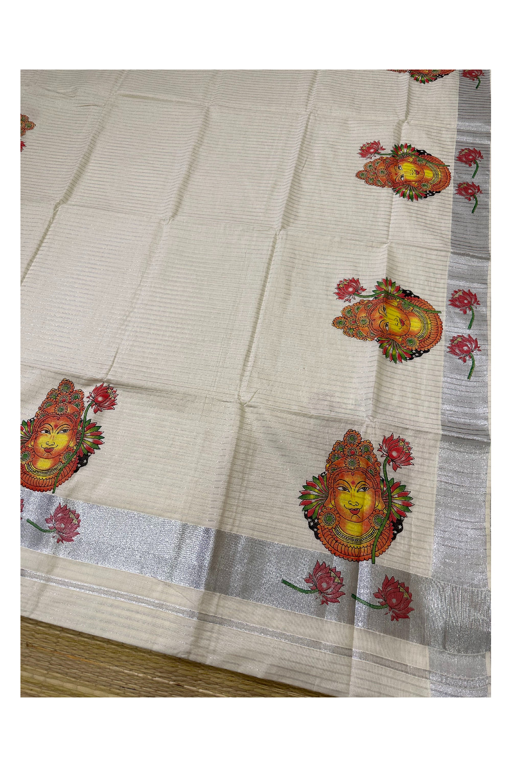 Pure Cotton Kerala Saree with Silver Lines and Krishna Face Mural Prints on Body (Onam Saree 2023)