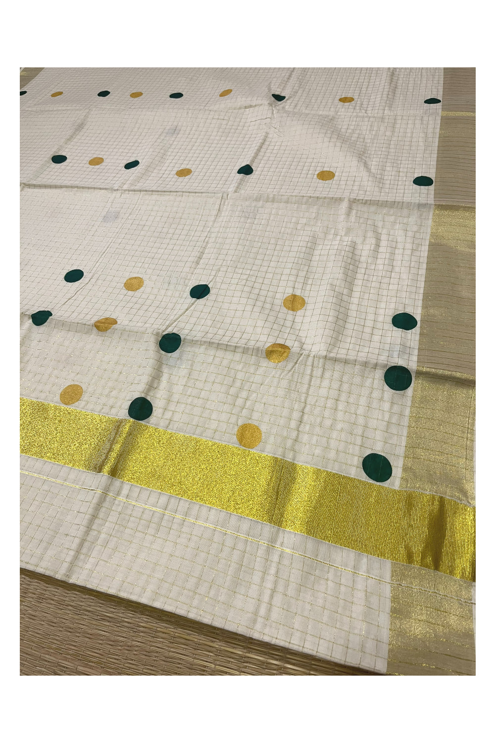 Southloom Micro Check Kasavu Saree with Green and Golden Polka Dot Prints Across Body