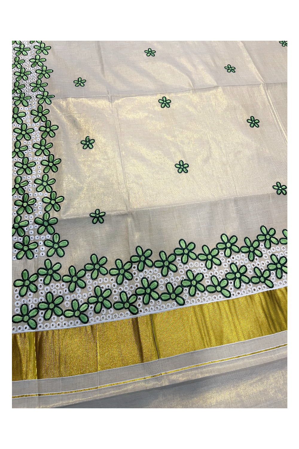 Kerala Tissue Kasavu Saree with Green Floral Embroidery Works