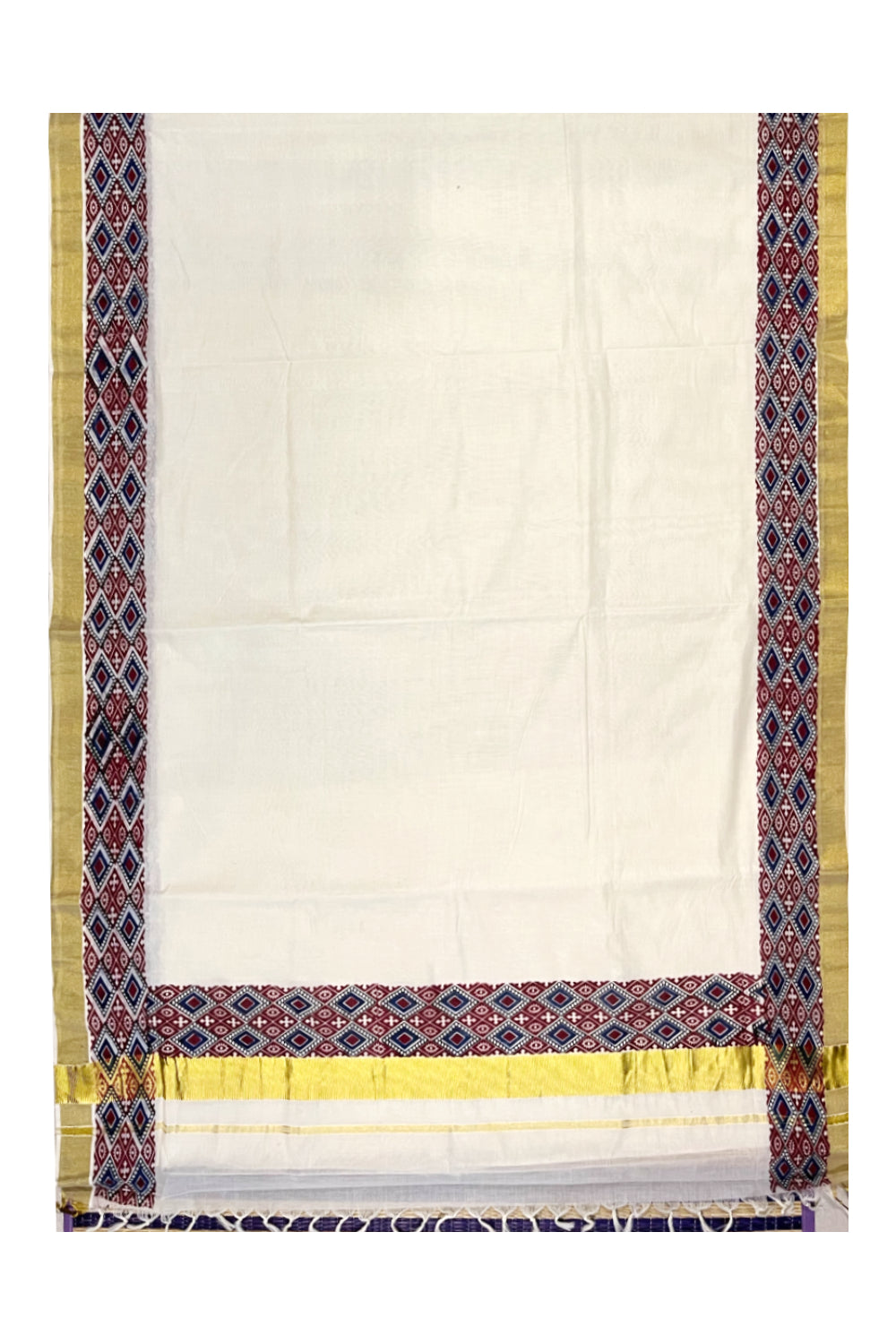 Kerala Pure Cotton Kasavu Saree with Ajrakh Stitched Borders and Matching Blouse Piece