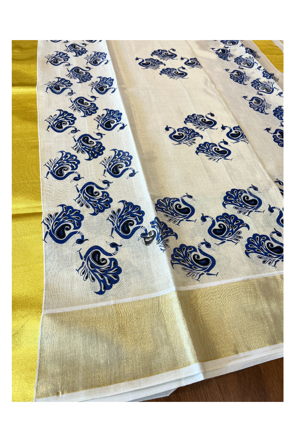 Kerala Tissue Set Mundu (Mundum Neriyathum) with Blue Peacock Block Prints and Kasavu Border 2.80 Mtrs