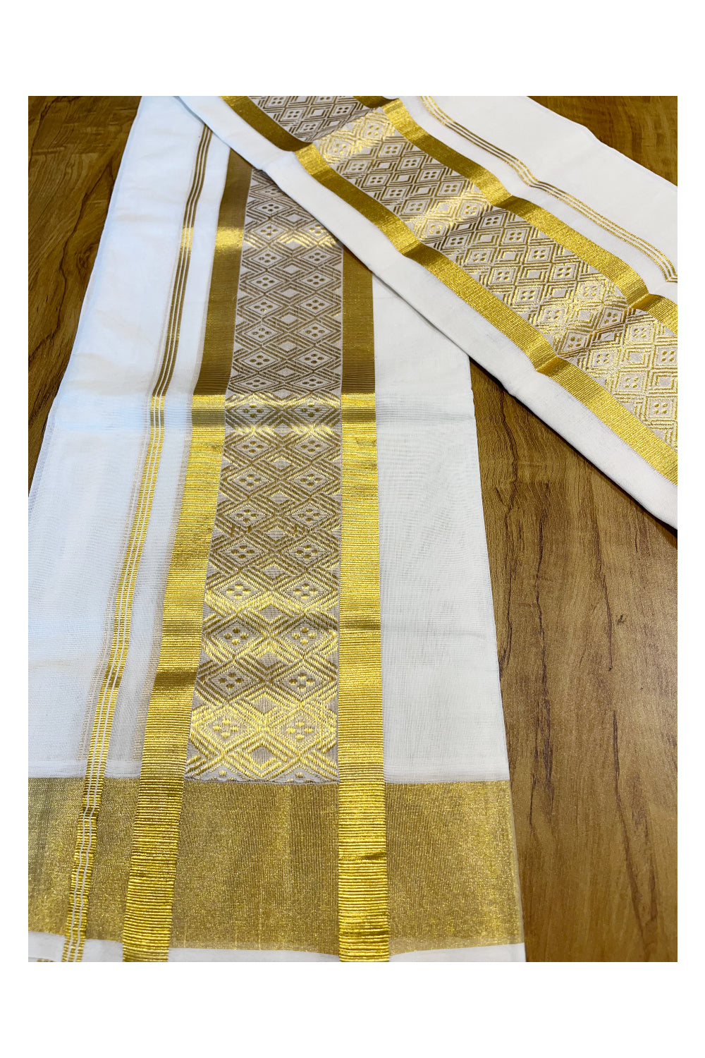 Southloom Handloom Premium Cotton Kasavu Set Mundu With Woven Patterns On Border (Mundum Neriyathum) 2.80 Mtrs