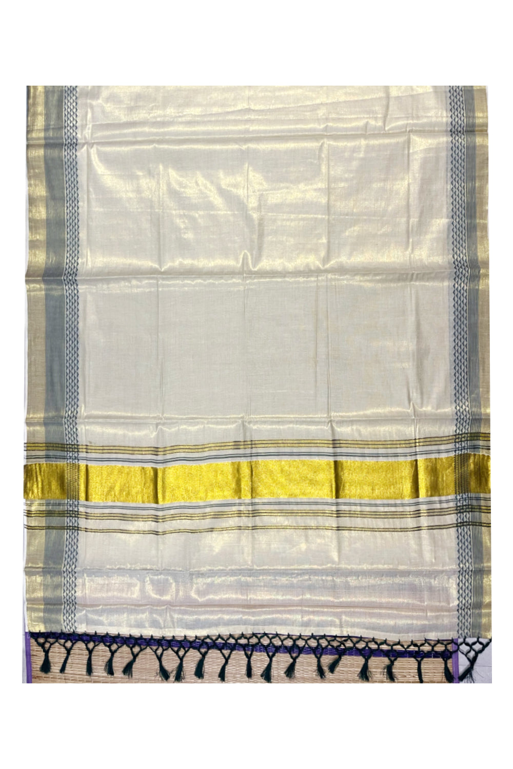 Kerala Tissue Kasavu Saree with Green Designs On Border