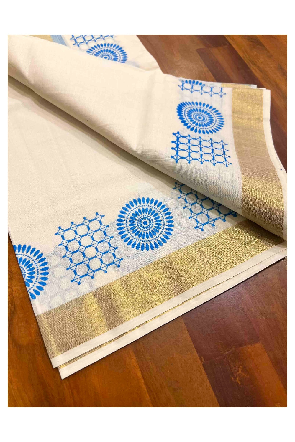 Kerala Cotton Single Set Mundu (Mundum Neriyathum) with Blue Block Prints with Kasavu Border  - 2.80Mtrs
