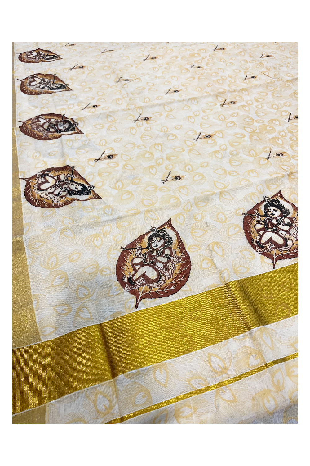 Pure Cotton Kerala Saree with Krishna Mural Prints and Kasavu Border